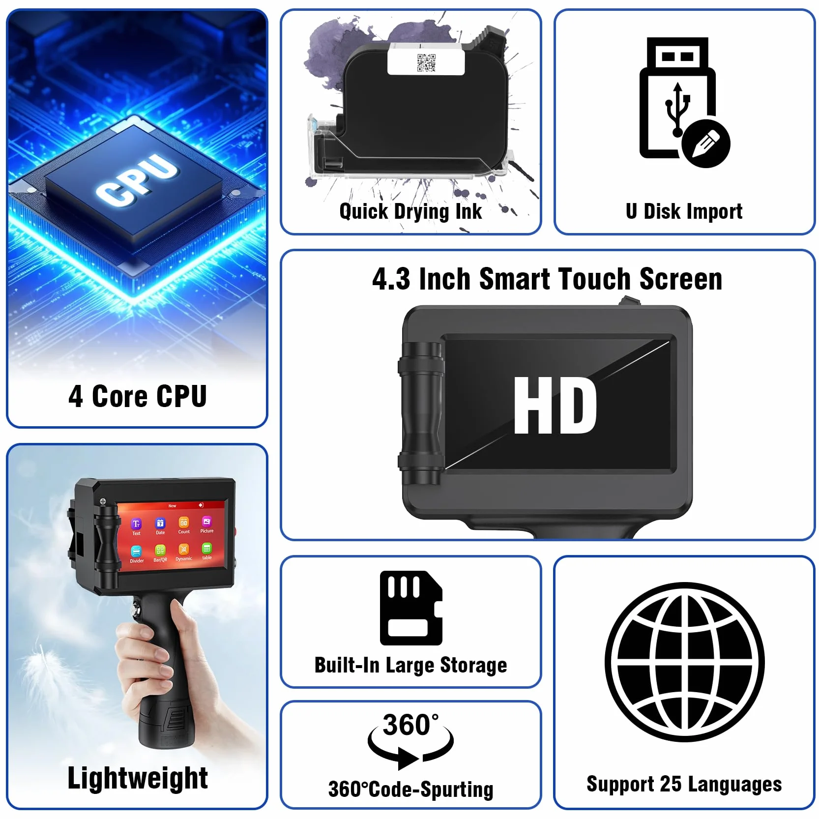 Imprimante à Jet d'encre Portable TIJ2510 avec Cartouche à Séchage Rapide pour Texte Logo Date Code QR Barcode
