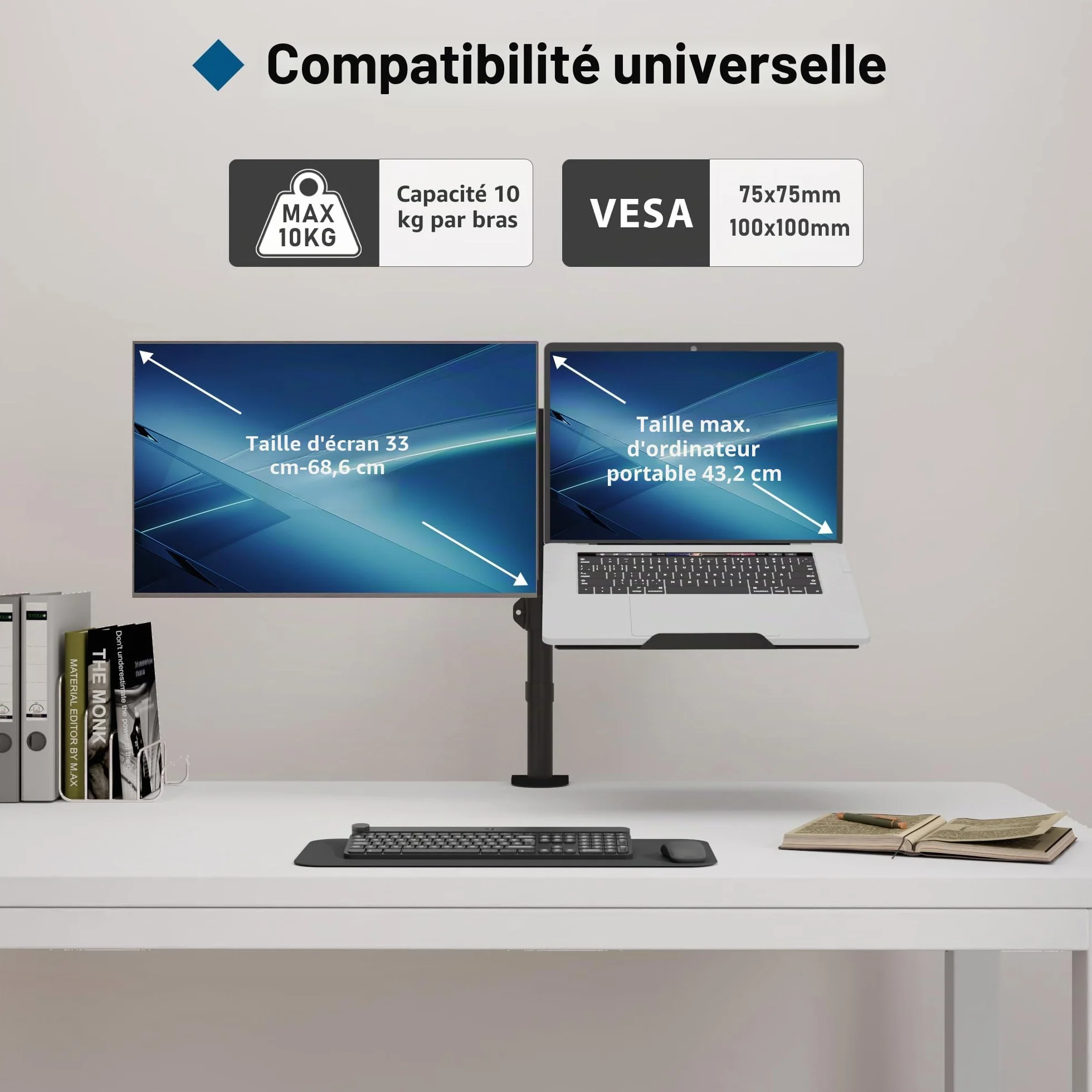 BONTEC Support Ecran PC Moniteur avec Plateau pour Ecran LCD 13-27 Pouces et Ordinateur Portable 17", Ergonomique Pivotant Rotation