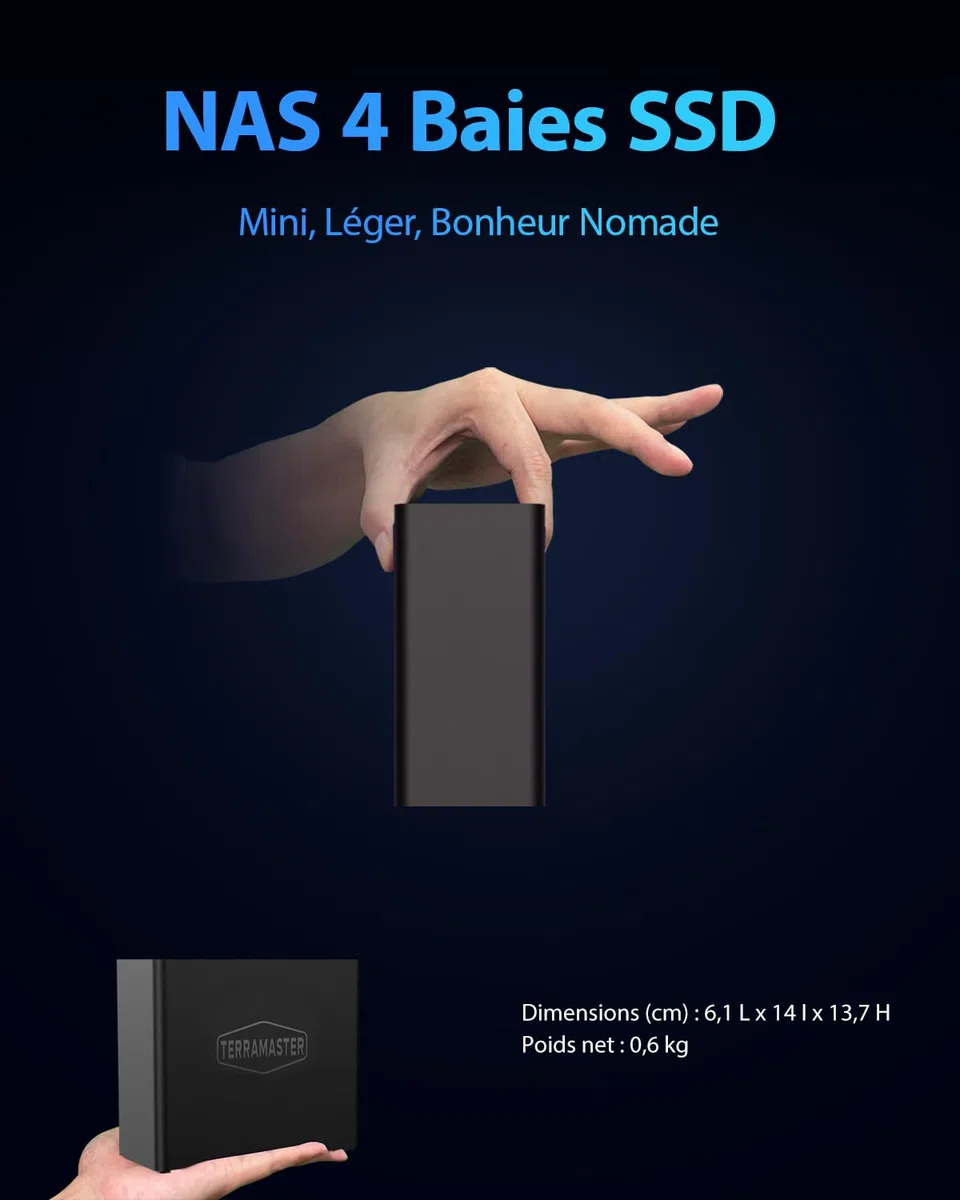 TERRAMASTER F4 SSD NAS Stockage - Serveur NAS 4 Baies Tout SSD, Processeur QuadCore N95, 8GB RAM DDR5, Port 5GbE, 4 Dissipateurs Inclus, Stockage en Réseau Puissant Format Compact (sans Disque)