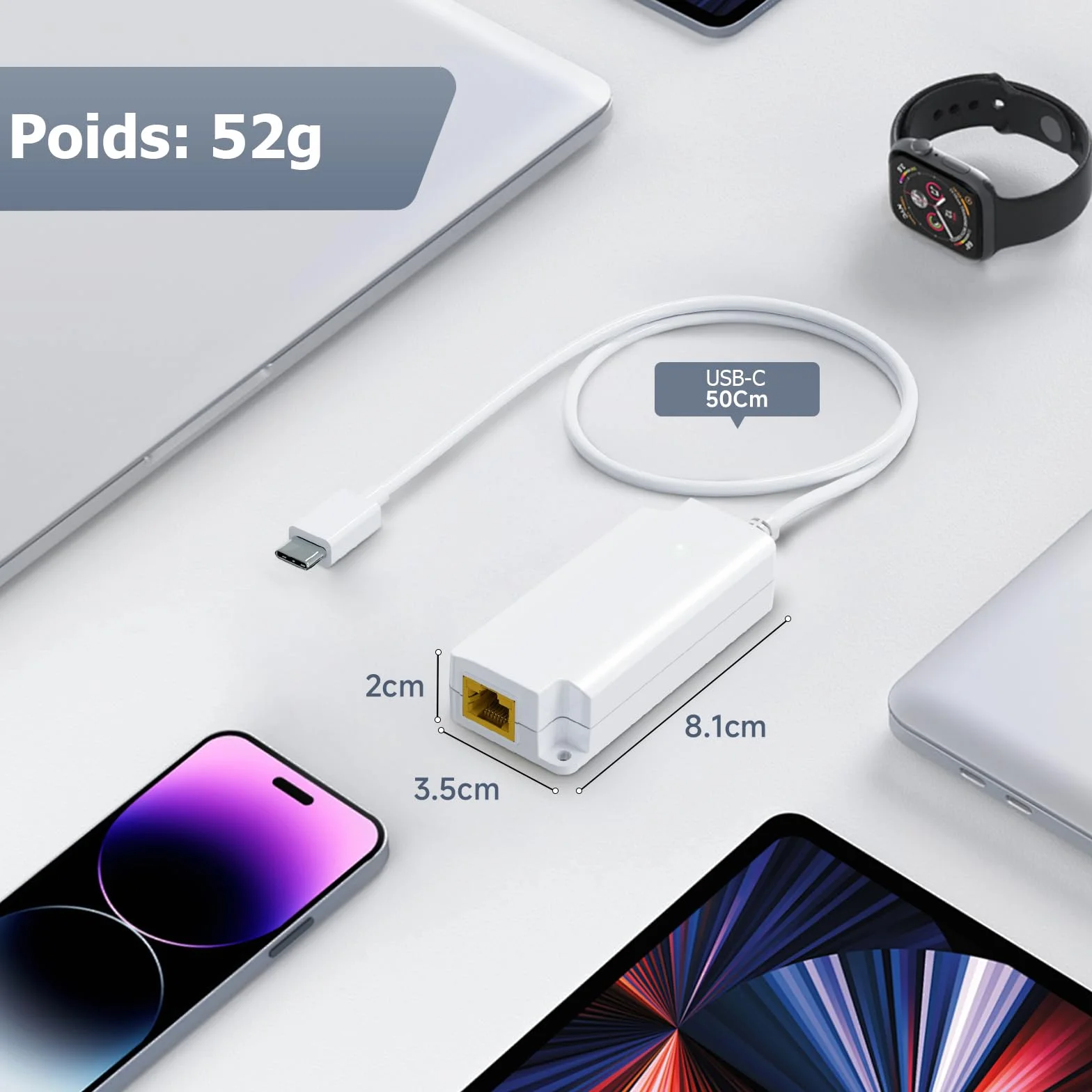 PROCET Gigabit PoE vers USB-C Adaptateur Ethernet RJ45 5V 2A 10W 1000Mbps