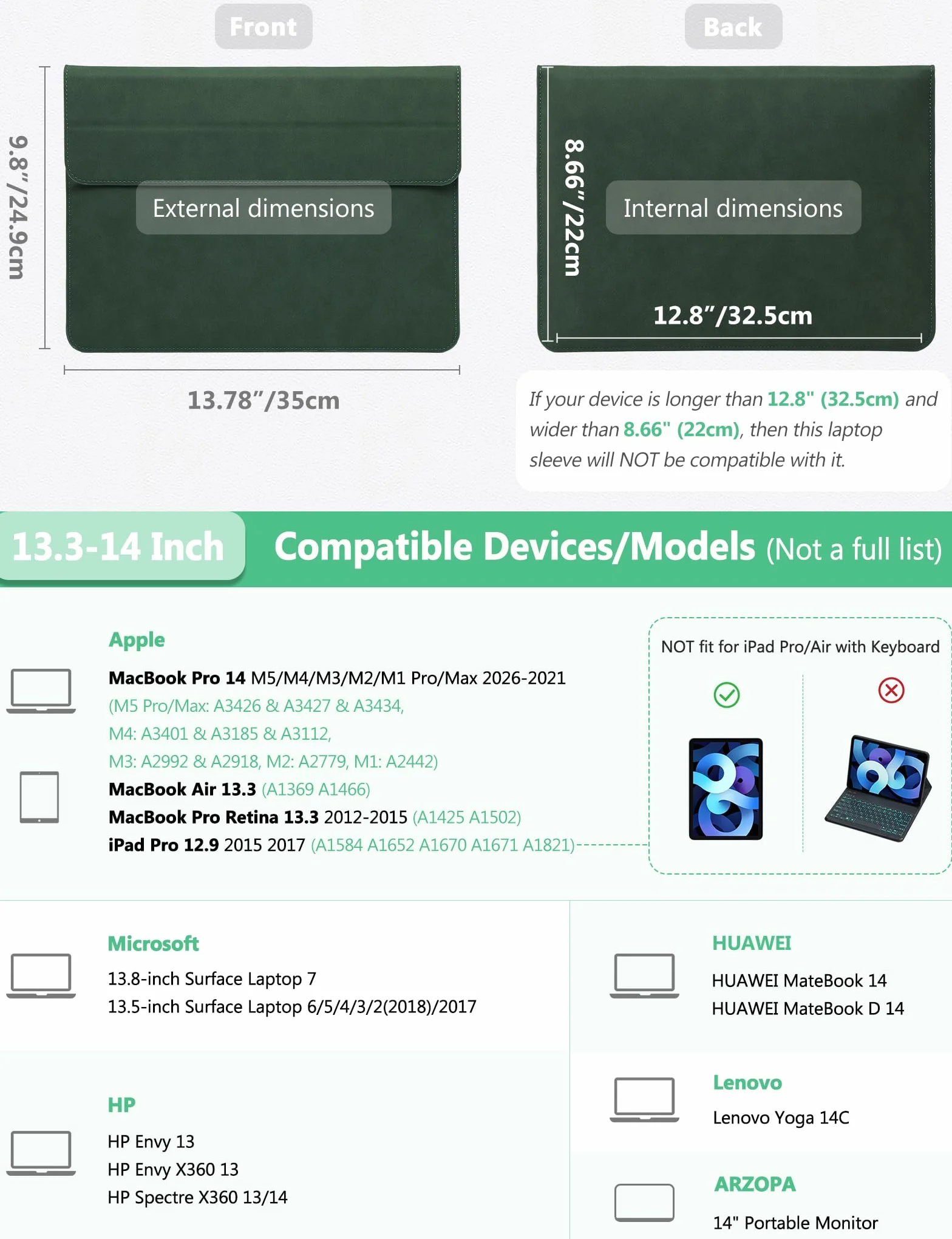 HYZUO 13,3-14 Pouces Housses Ordinateur Portable Sacoche avec Fonction Stand pour MacBook Pro 14 M5/M4/M3/M2/M1 2026-2021, MacBook Pro/Air 13,3, 13,5" 13,8" Surface Laptop, Vert Minuit