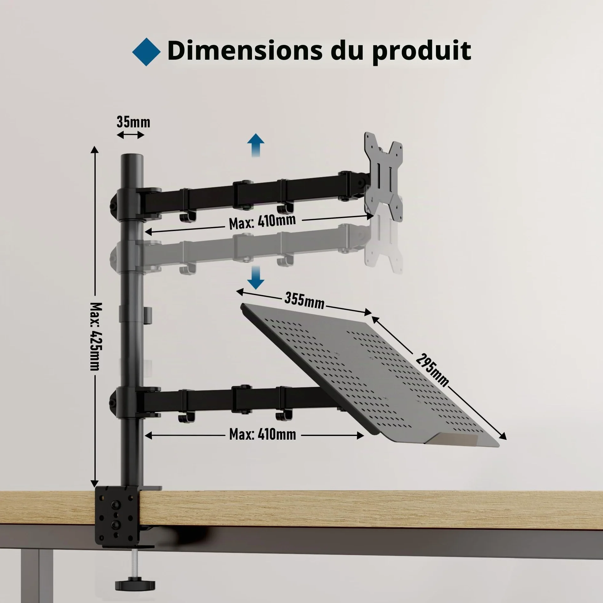 BONTEC Support Ecran PC Moniteur avec Plateau pour Ecran LCD 13-27 Pouces et Ordinateur Portable 17", Ergonomique Pivotant Rotation