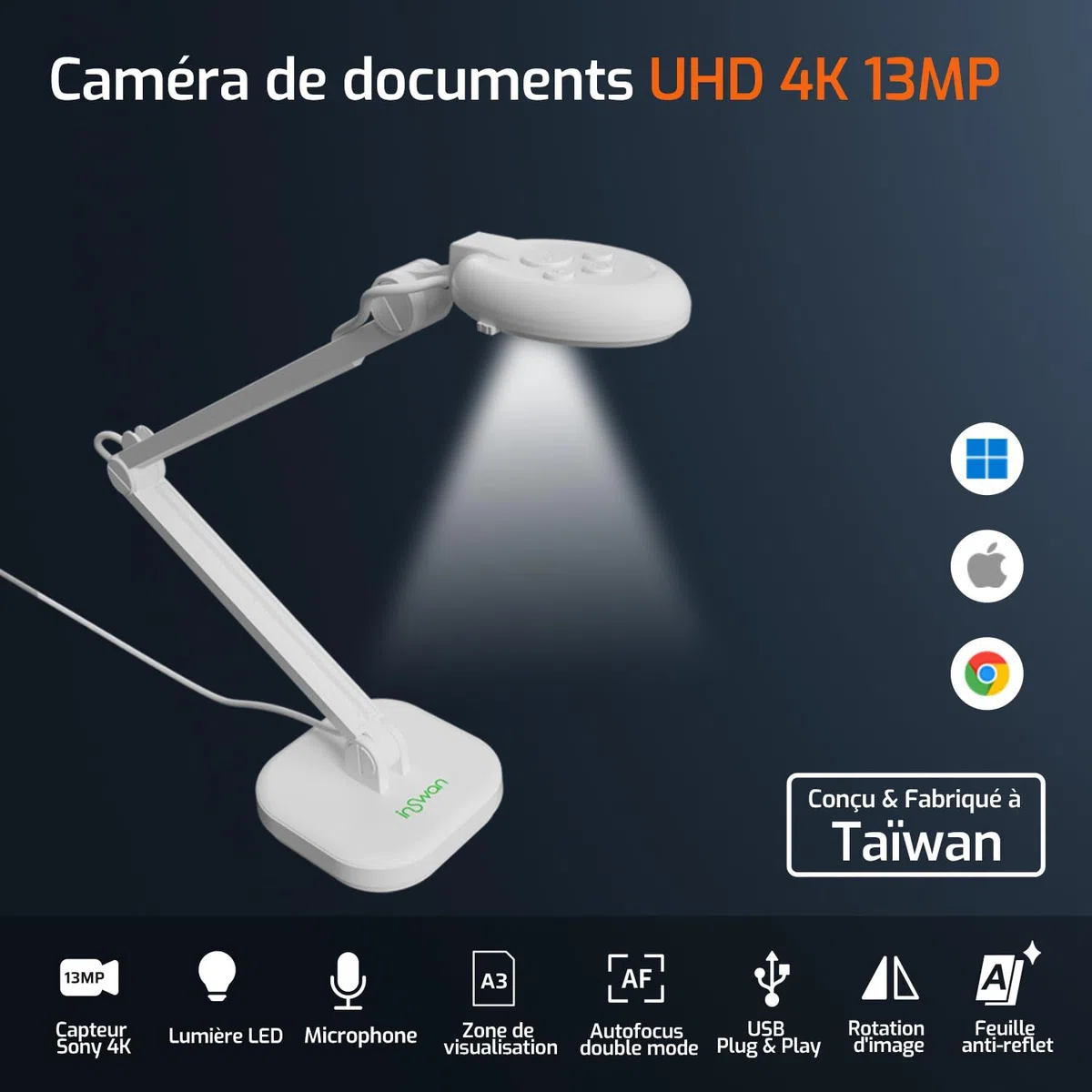 INSWAN INS-2 13MP Visualiseur de Documents USB 4K Ultra HD Autofocus Double Mode Capture A3 pour Enseignants