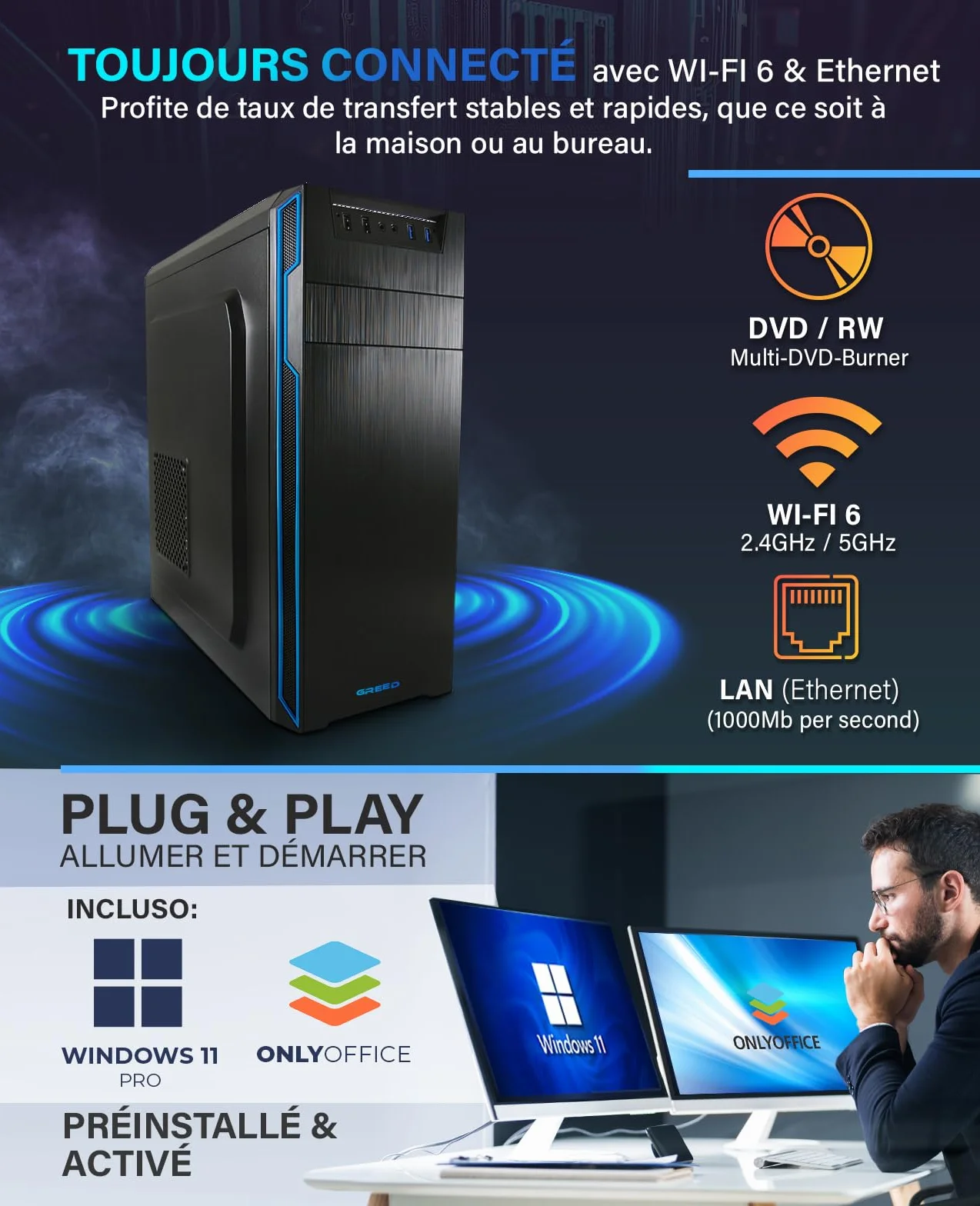 Greed PC Ultra V2 Intel Core i7 12700 4,9 GHz 16 Go RAM 1 TB SSD + 1 TB HDD DVD+RW USB3.1 Wi-Fi Windows 11 Pro