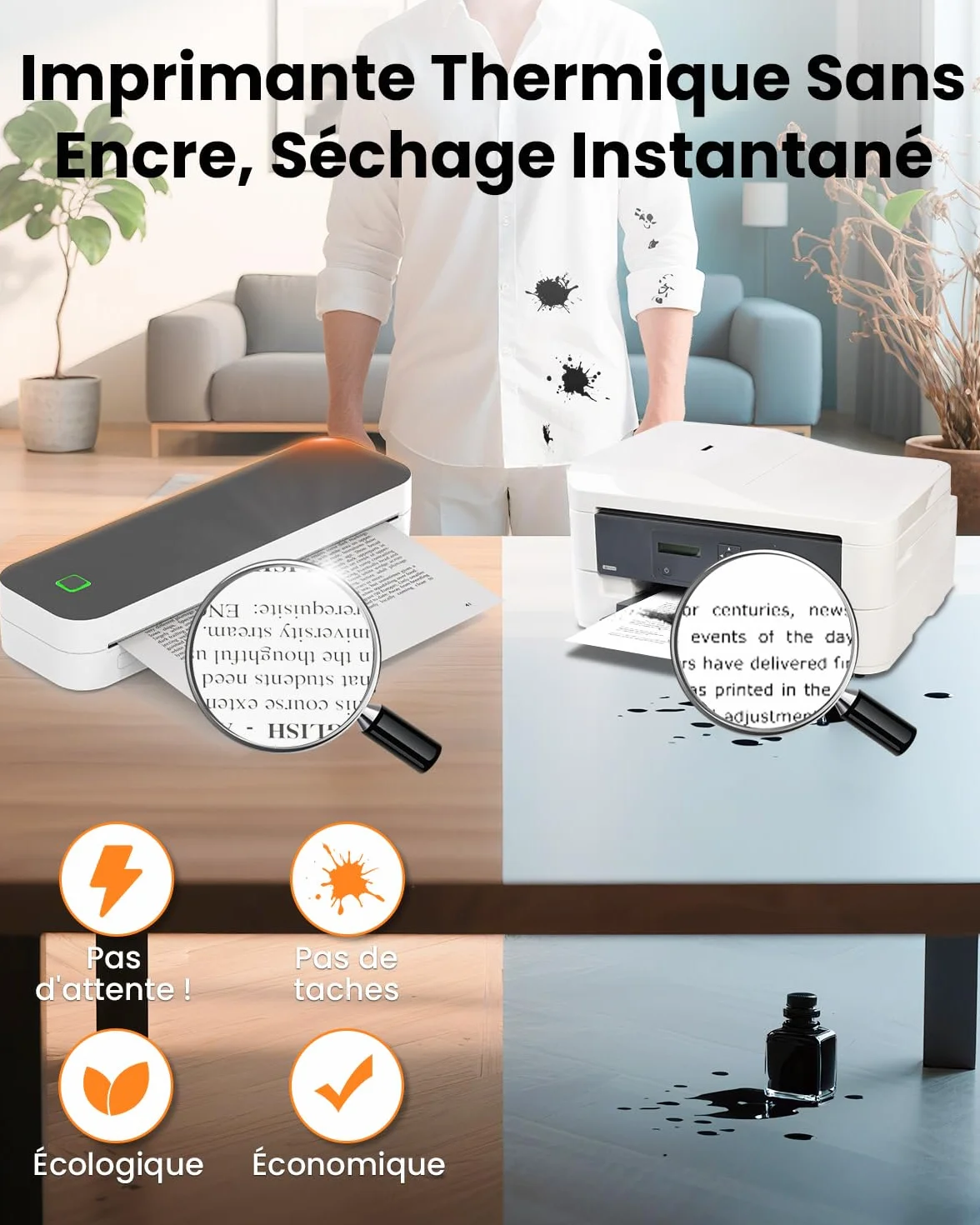 Imprimante Thermique Bluetooth A4, Compatible Android iOS Ordinateur Gris foncé