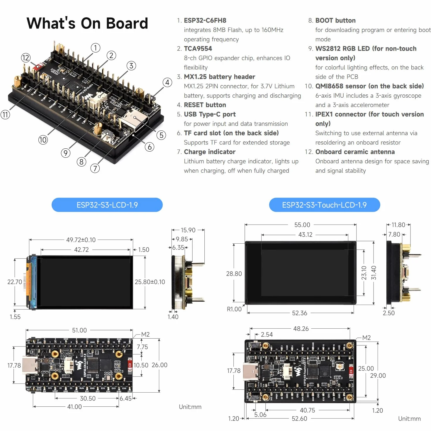 Waveshare ESP32-S3 1.9inch Display Development Board 170x320 Pixels 262K Color 32-bit LX7 Dual-Core 240MHz Touch Function