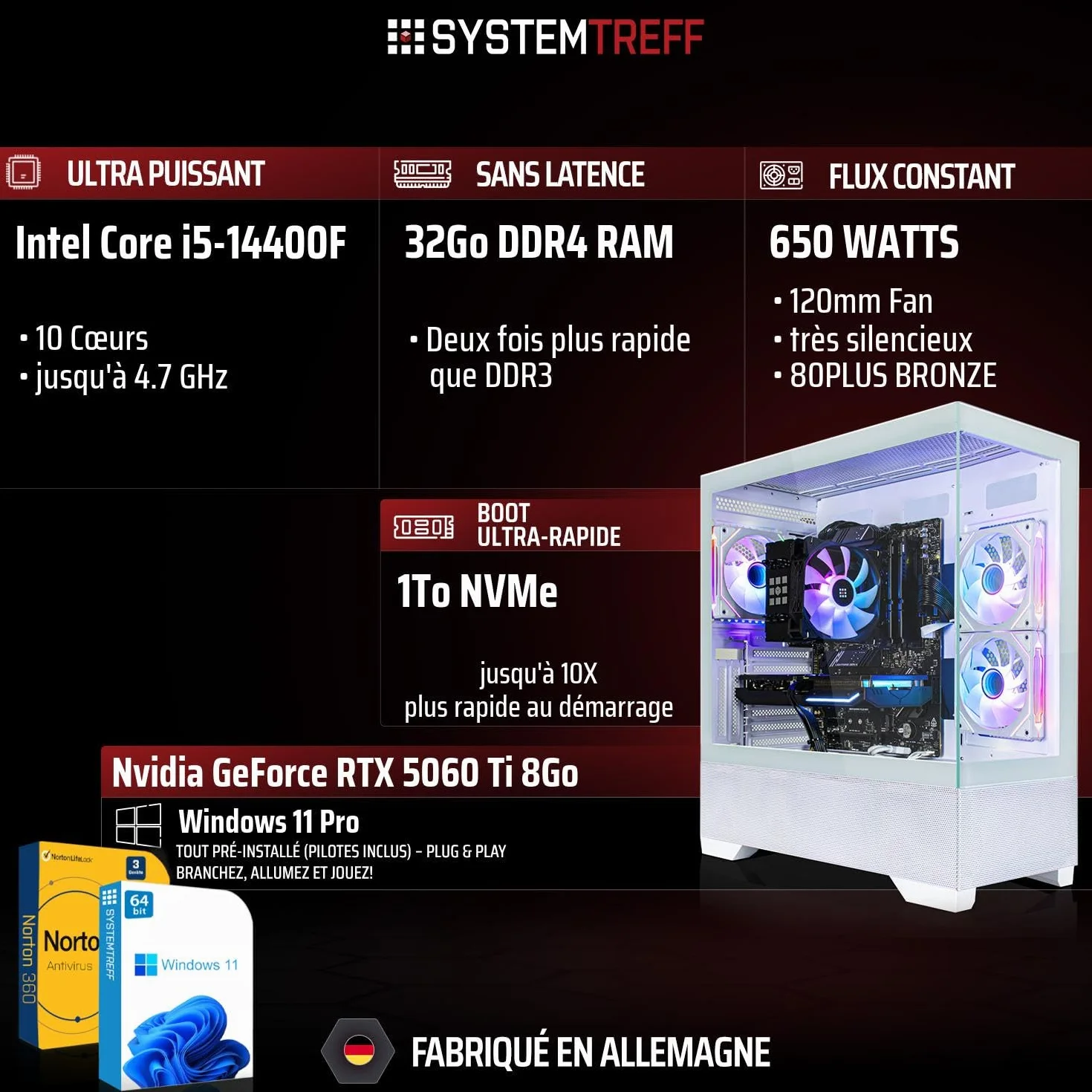 SYSTEMTREFF PC Gamer Intel Core i5-14400F RTX 5060 Ti 8Go 1To M.2 NVMe 32Go DDR4 RAM Windows 11 Ordinateur de Bureau