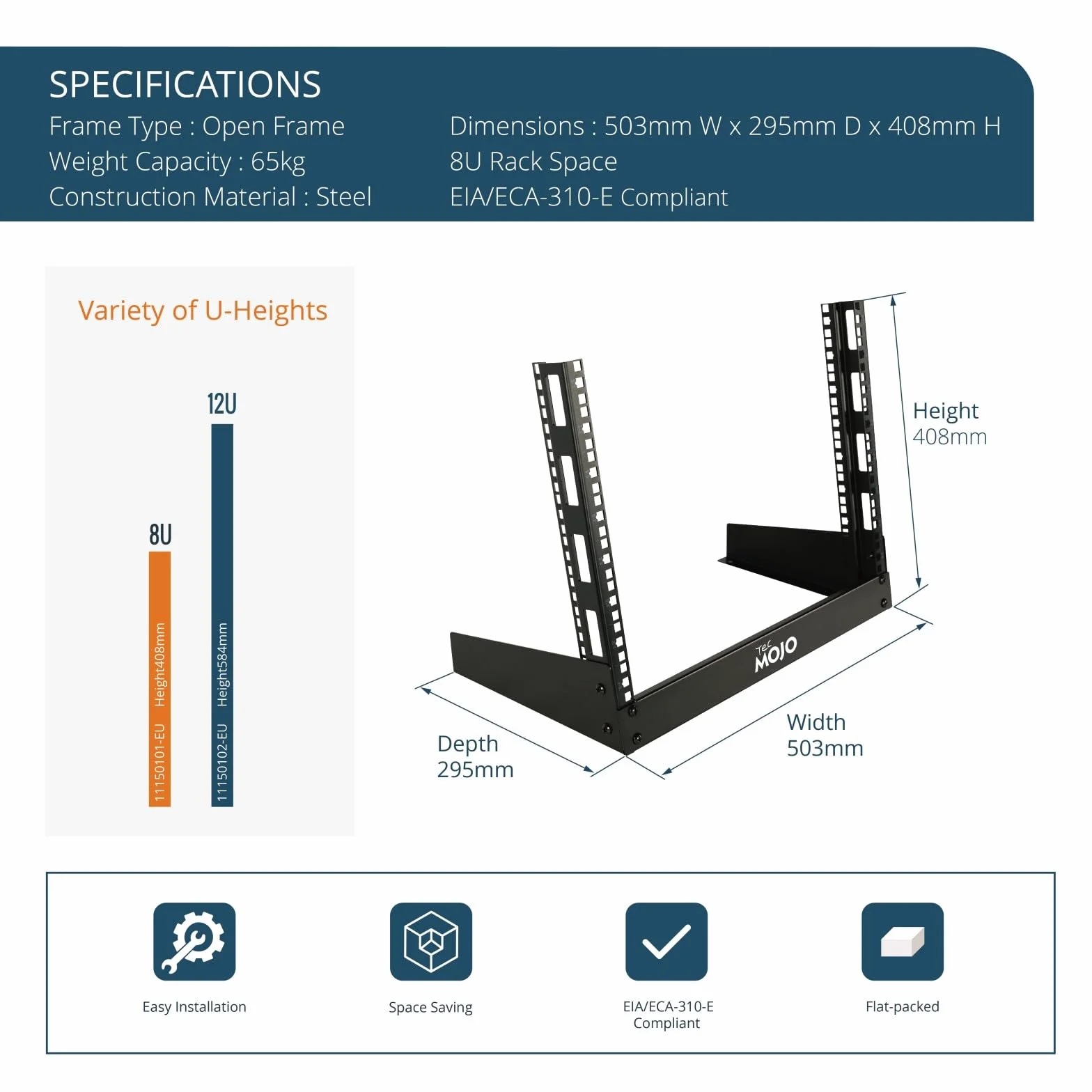 Tecmojo Rack de Bureau 19 pouces 8U 2 Montants, Rack à Structure Ouverte Noir