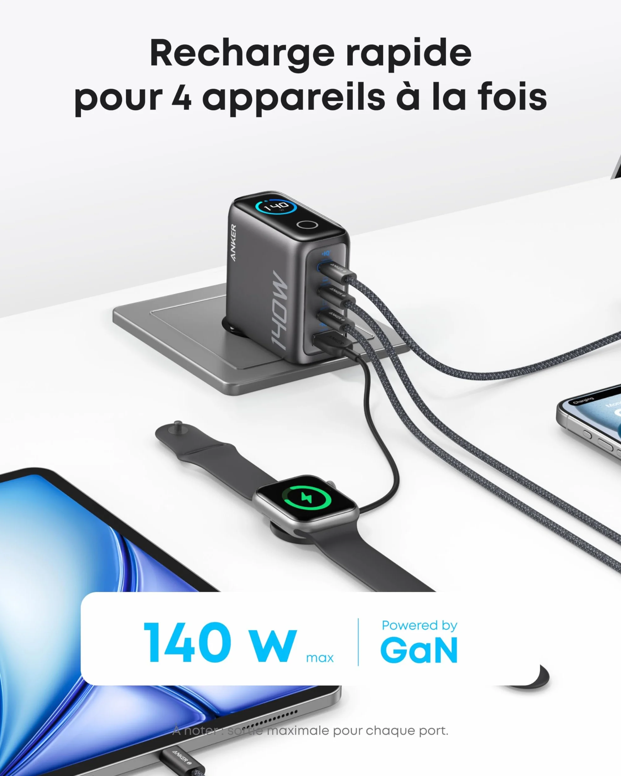 Anker Chargeur USB C 140W GaN, Adaptateur Ordinateur 4 Ports Rapide Compact, iPhone 16/17, Samsung, MacBook Air/Pro, Pixel