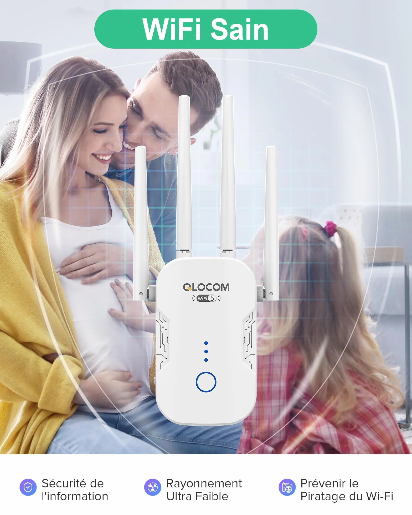 QLOCOM Répéteur WiFi 1200Mbps Amplificateur WiFi Double Bande 5GHz 2.4GHz WPS