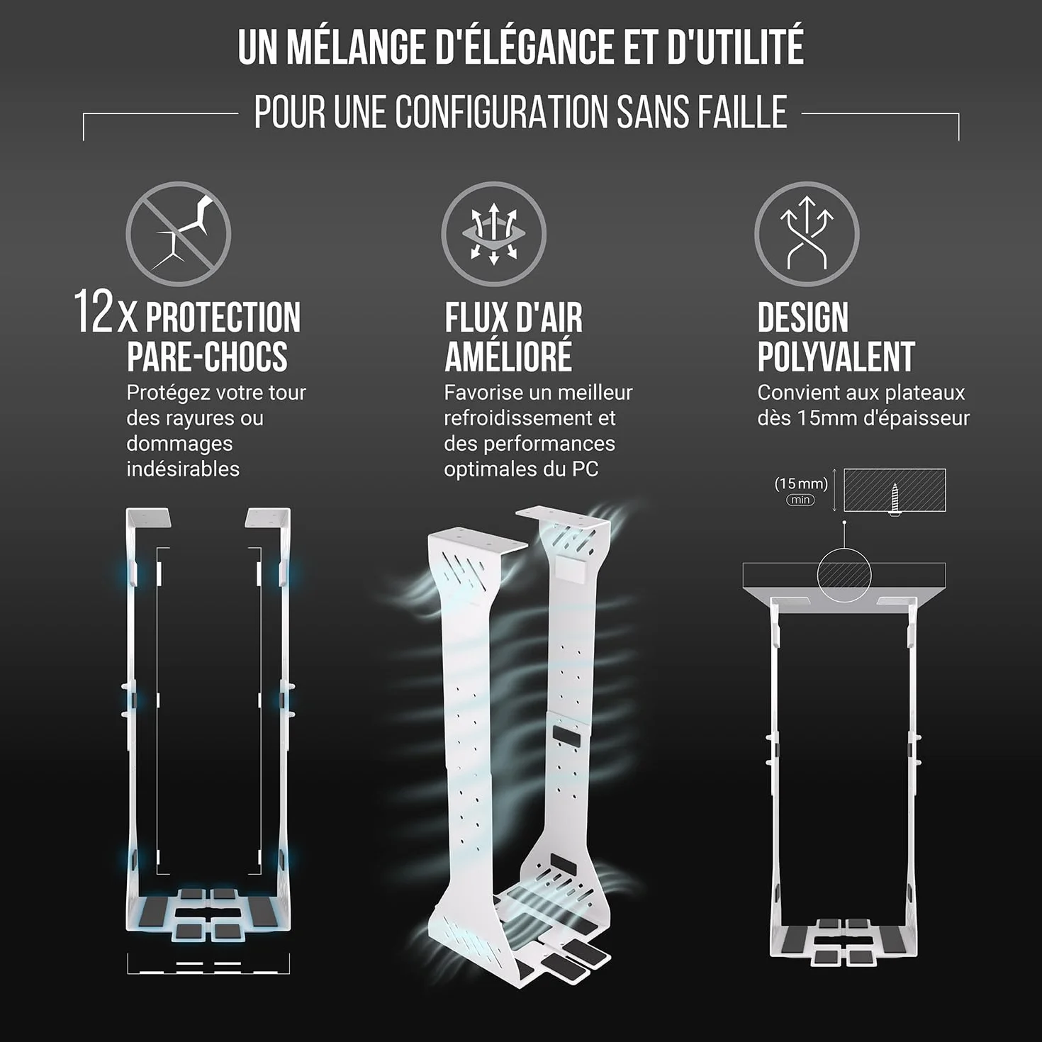 Support PC sous Bureau Charge Lourde 35 kg Fixe Adaptable Blanc