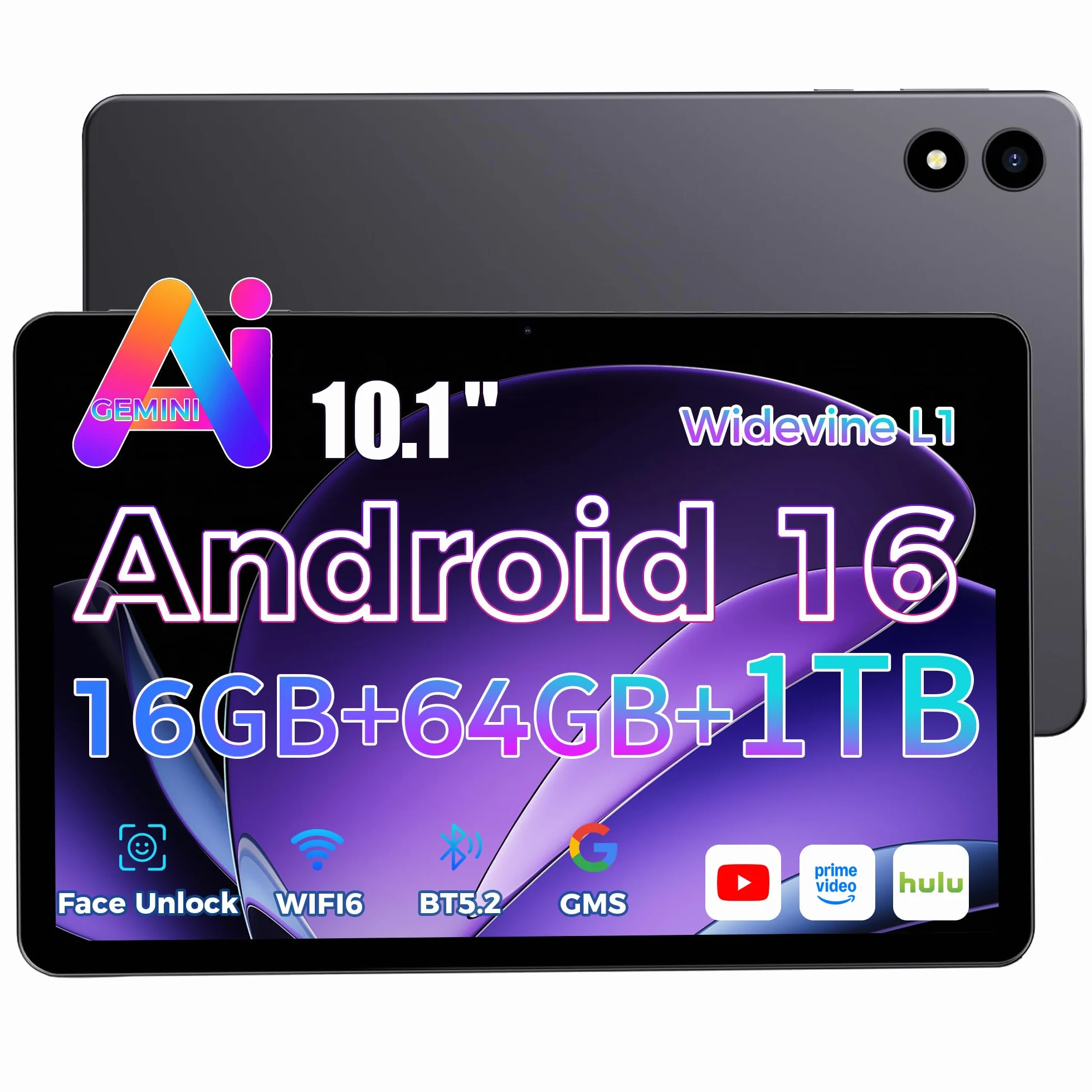 Tablette 10 Pouces Android 16 Gemini AI 16Go RAM 64Go ROM 1To TF Widevine L1 WiFi 6 BT 5.2 5000mAh Identification Faciale