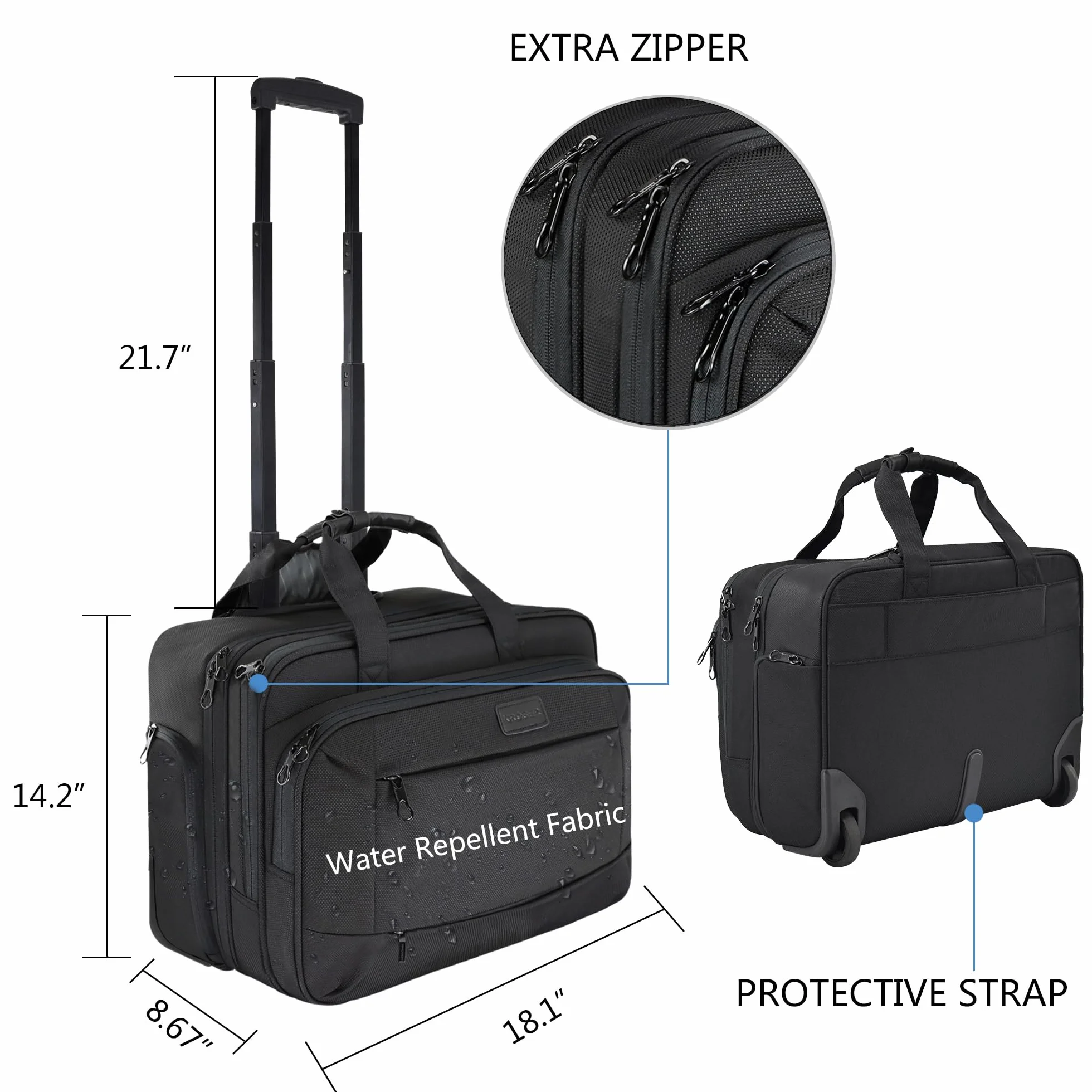 KROSER Mallette à roulettes Portable Sacoche Ordinateur 17,3" Imperméable Porte-Documents Poches RFID Rolling Laptop Bag