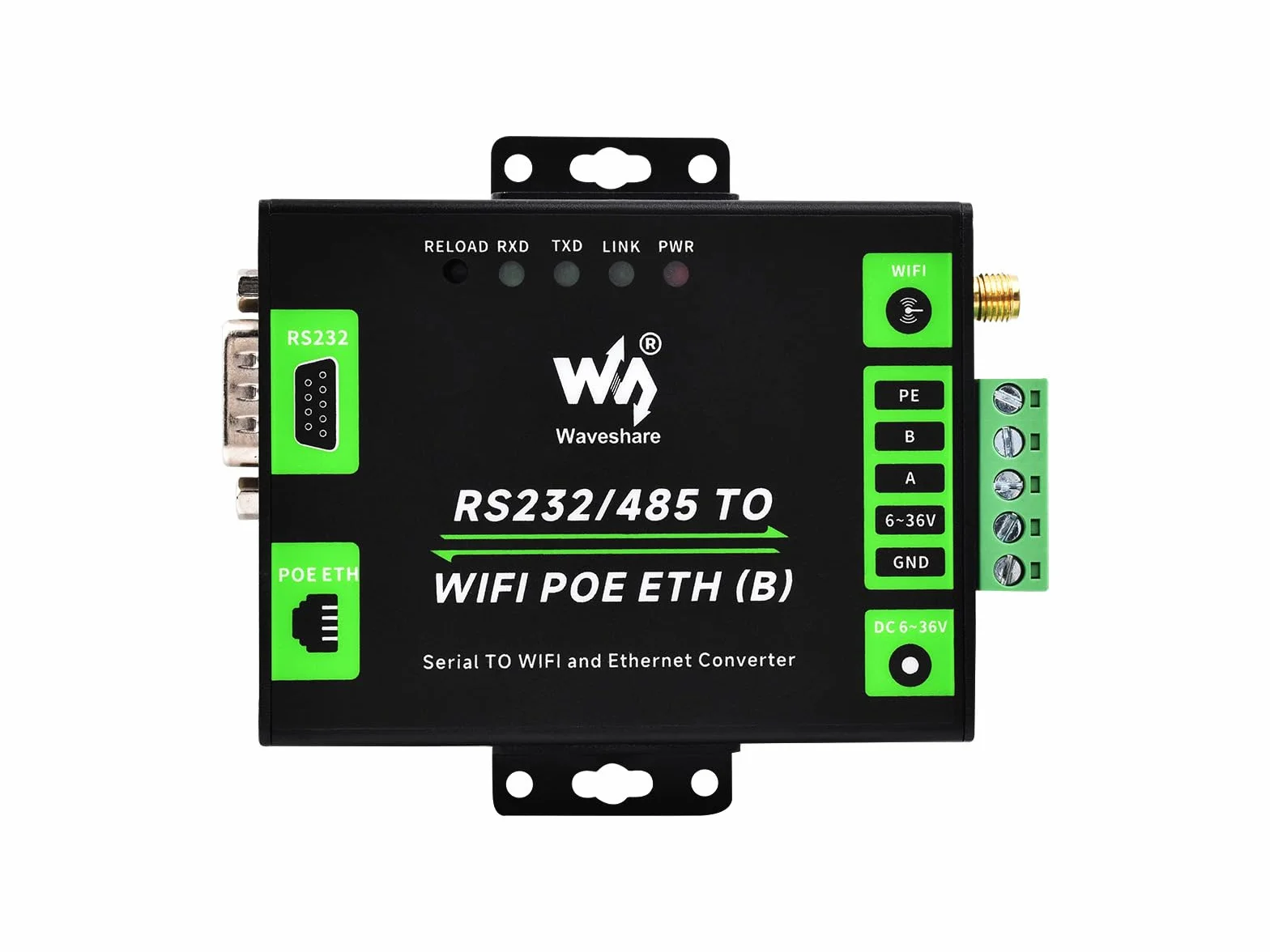 Waveshare Industrial Serial Server RS232/485 to WiFi Ethernet Modbus MQTT Gateway Metal Case PoE