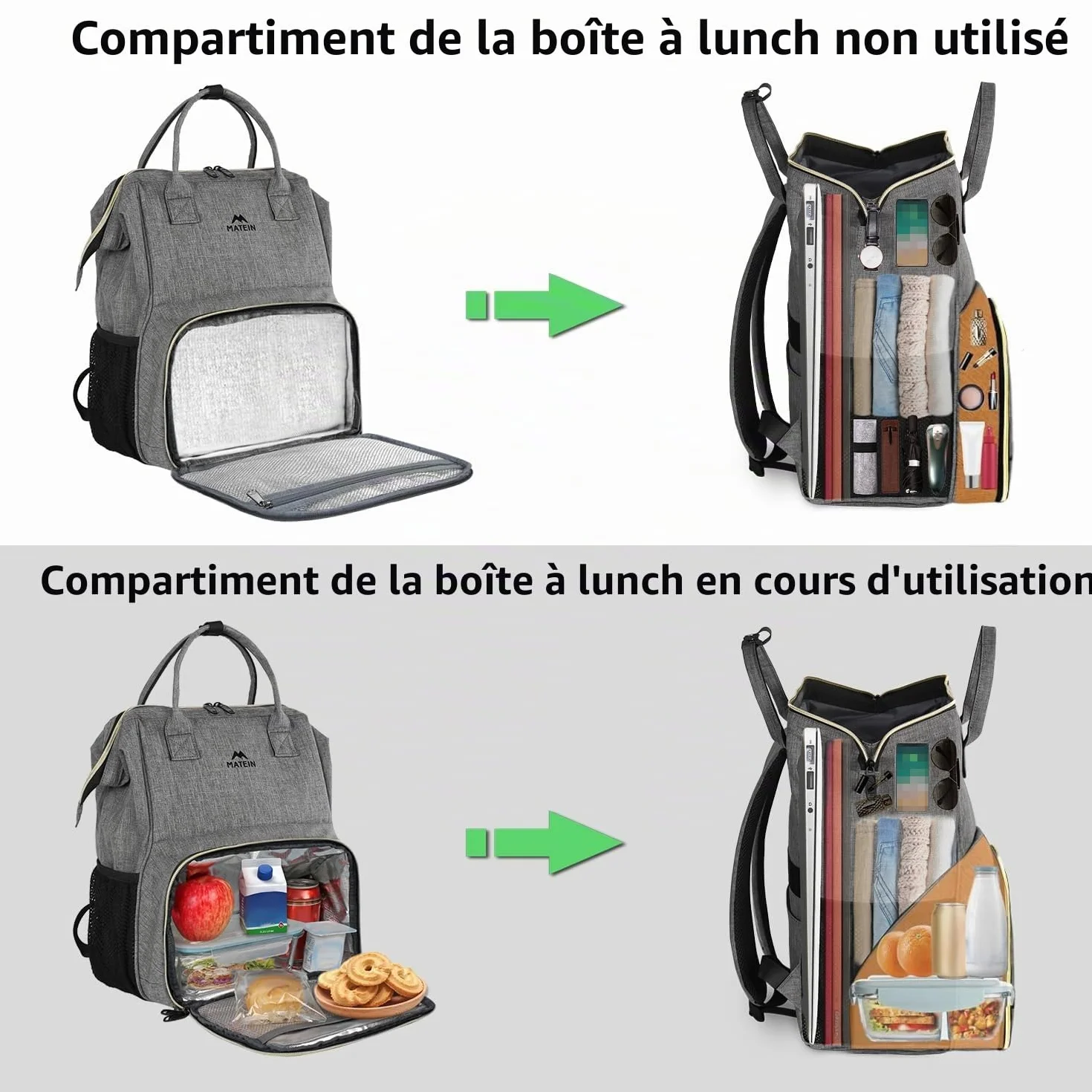 MATEIN Sac à Dos Isotherme Repas 15,6 Pouces Ordinateur Femme Homme Voyage Imperméable Gris