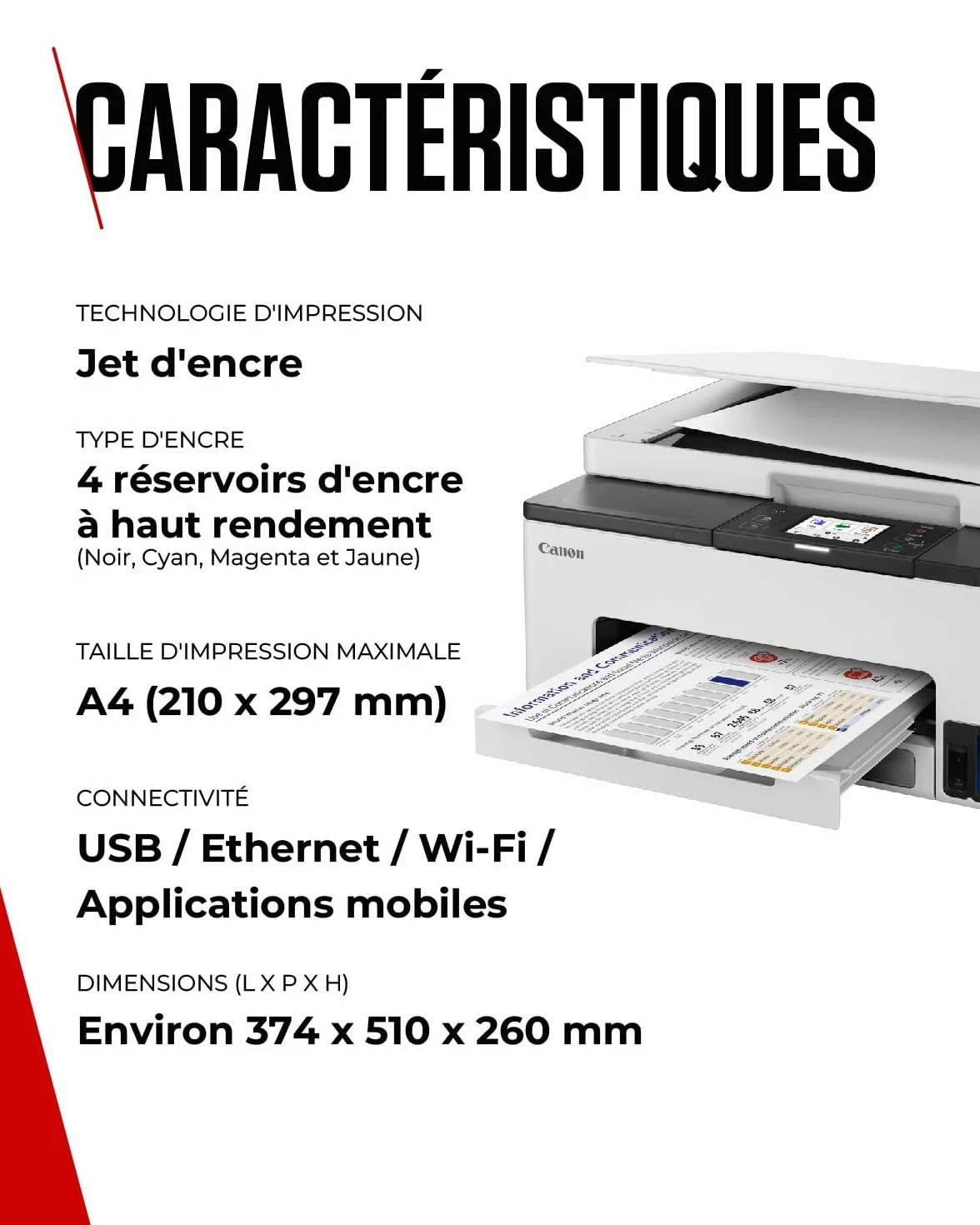 Canon MAXIFY GX1050 Imprimante A4 Couleur Jet d'encre MegaTank Tout-en-Un sans Fil Wi-Fi Ethernet USB