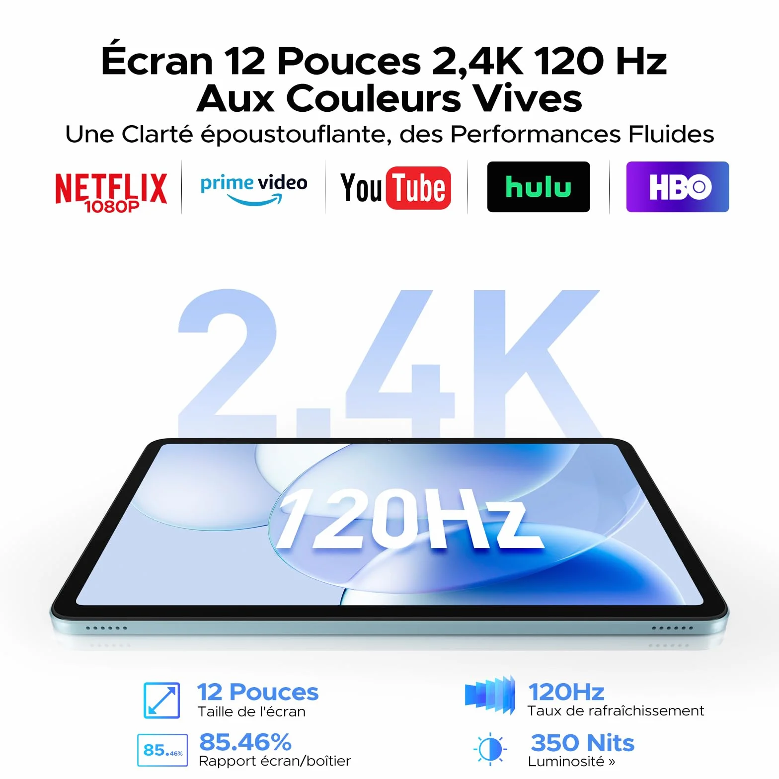 Tablette 12 Pouces Android 16, 48Go RAM+128Go ROM, T7280 Octa-Core, IPS 2.4K 120Hz, 10000mAh, WiFi5, Clavier Inclus
