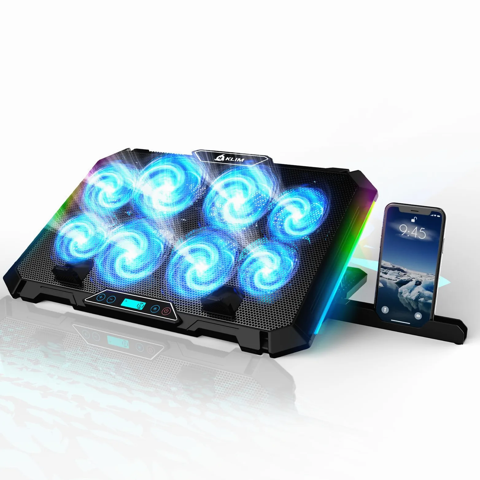 KLIM V8 Refroidisseur PC 8 Ventilateurs Rétroéclairage RGB Support Ventilé Ordinateurs 11" à 17" 2 Ports USB