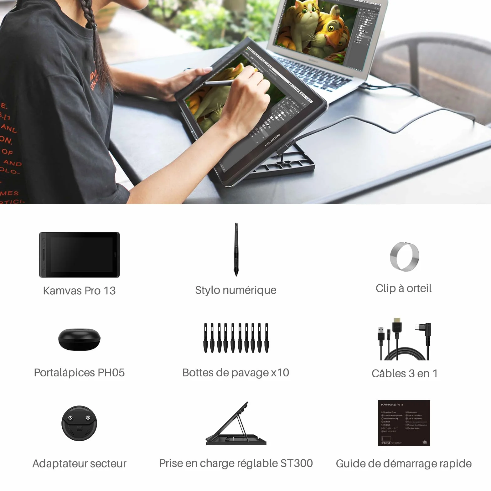 HUION KAMVAS Pro 13 Tablette Graphique Écran HD 13.3 Pouces Moniteur Dessin Compatible Chromebook Windows Mac