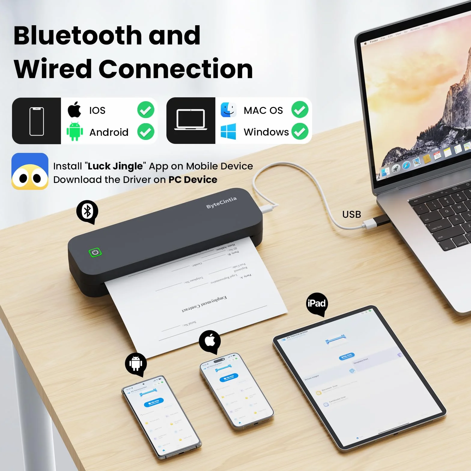 Imprimante Thermique A4 Bluetooth Portable sans Fil D80 Compatible Android iOS