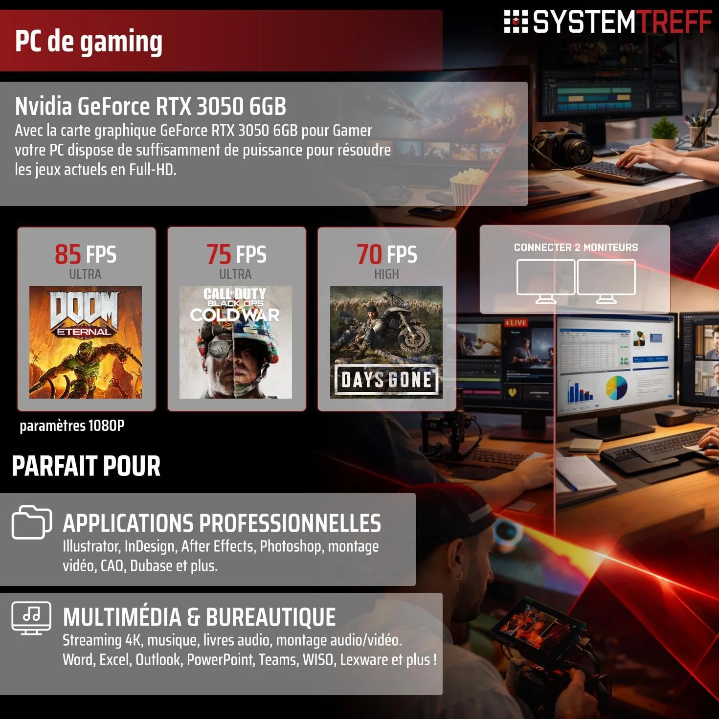 PC Gamer AMD Ryzen 5 5500 Nvidia RTX 3050 6Go 512Go M.2 NVMe 16Go DDR4 RAM Ordinateur de Bureau WLAN