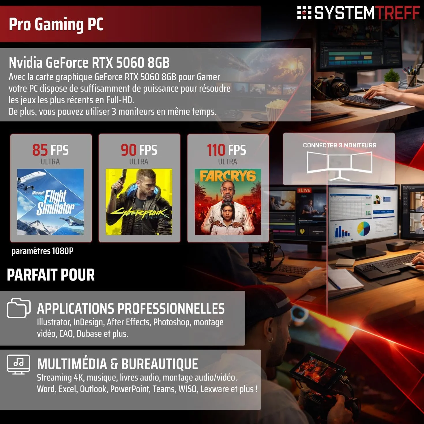 PC Gamer AMD Ryzen 7 5700X 8x4.6GHz Nvidia RTX 5060 8Go 1To M.2 NVMe 32Go DDR4 RAM Windows 11 Ordinateur de Bureau WLAN