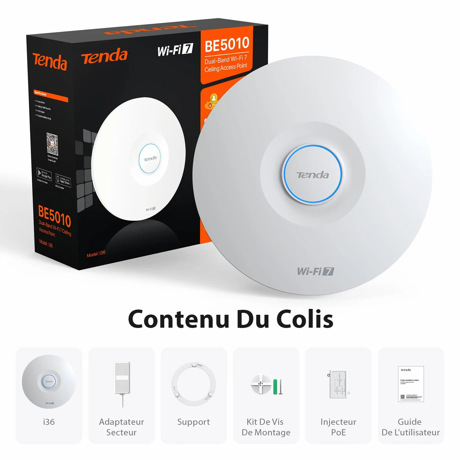 Tenda I36 WiFi 7 BE5010 Point d'Accès Double Bande 2.5G PoE+ MU-MIMO OFDMA