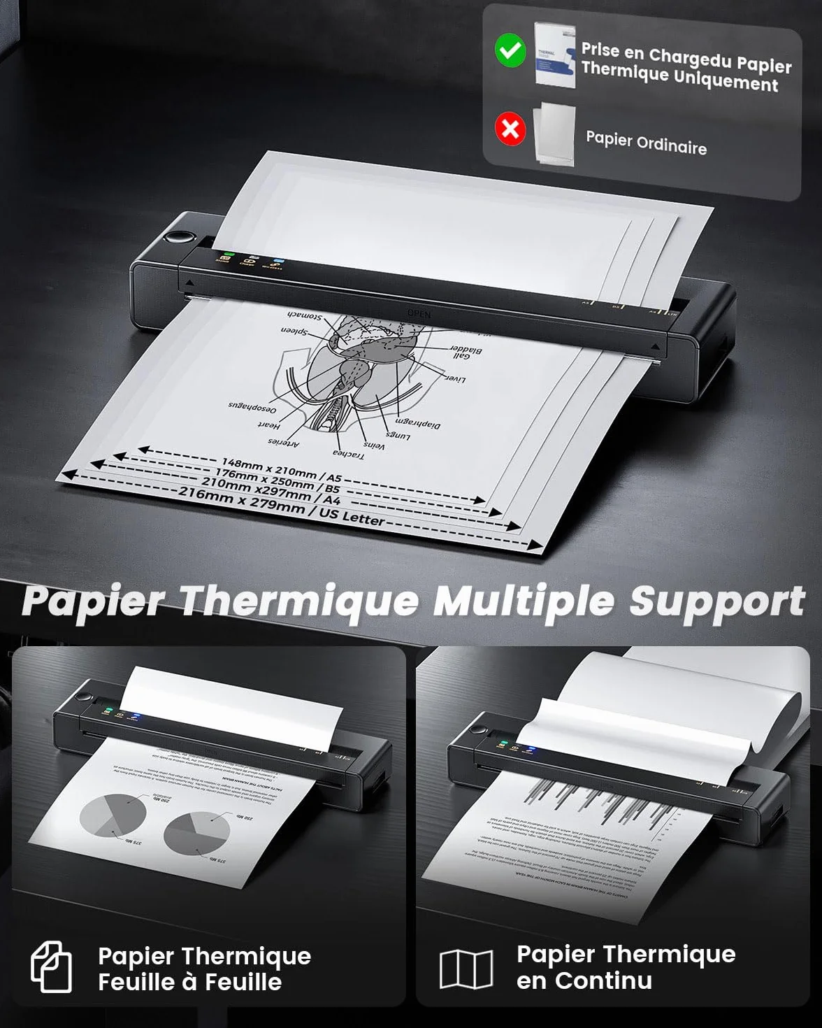 TATTMUSE A28U Imprimante Thermique A4 Portable sans Encre pour Papier A4/A5/B5 Compatible iOS Android