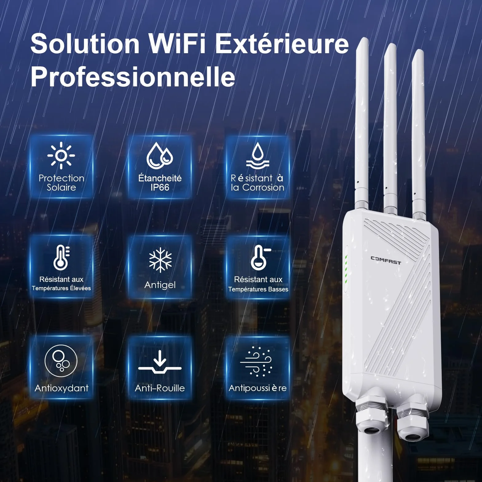 COMFAST Répéteur WiFi 7 Extérieur BE3600 Mbps, Point d'accès Double Bande 2.4G/5GHz, 3 Antenne, 3 Port Gigabit, 48V PoE/12V DC, IP66, MU-MIMO
