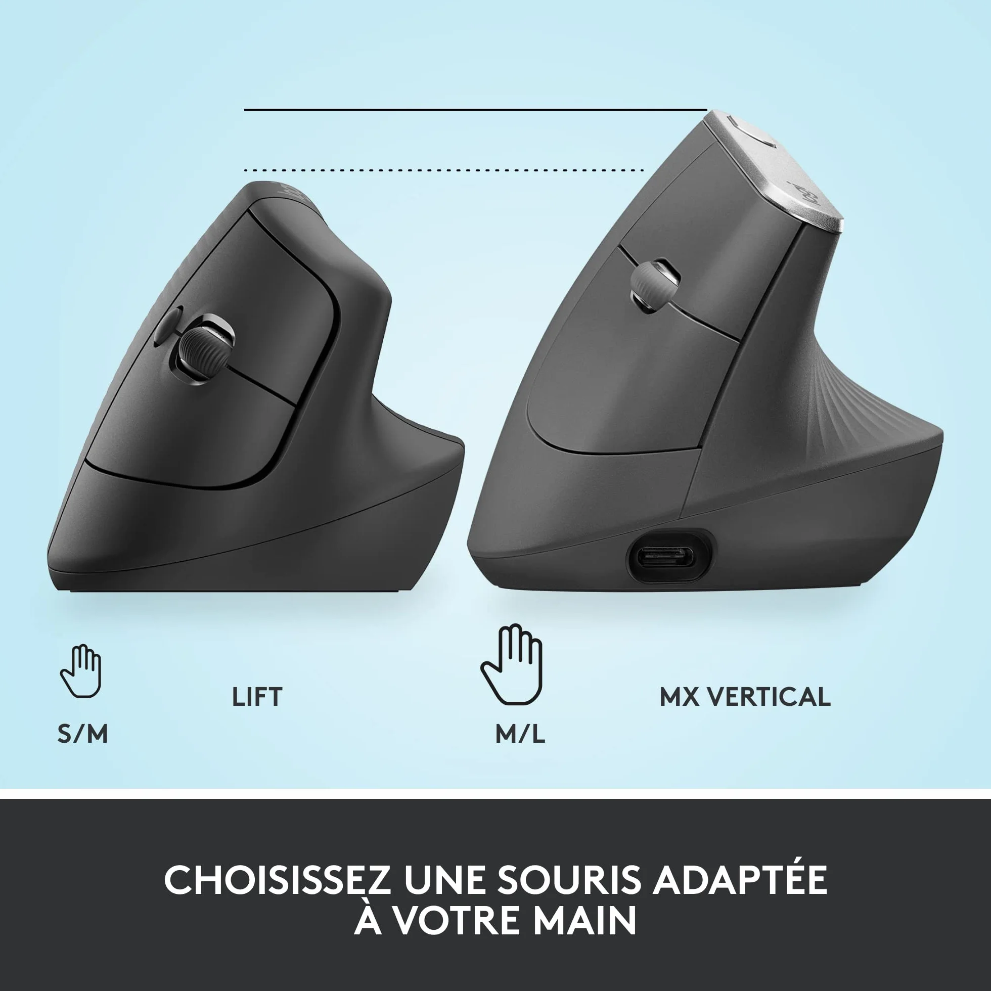 Souris Ergonomique Verticale Logitech Lift sans Fil Bluetooth Logi Bolt Silencieuse 4 Boutons Graphite