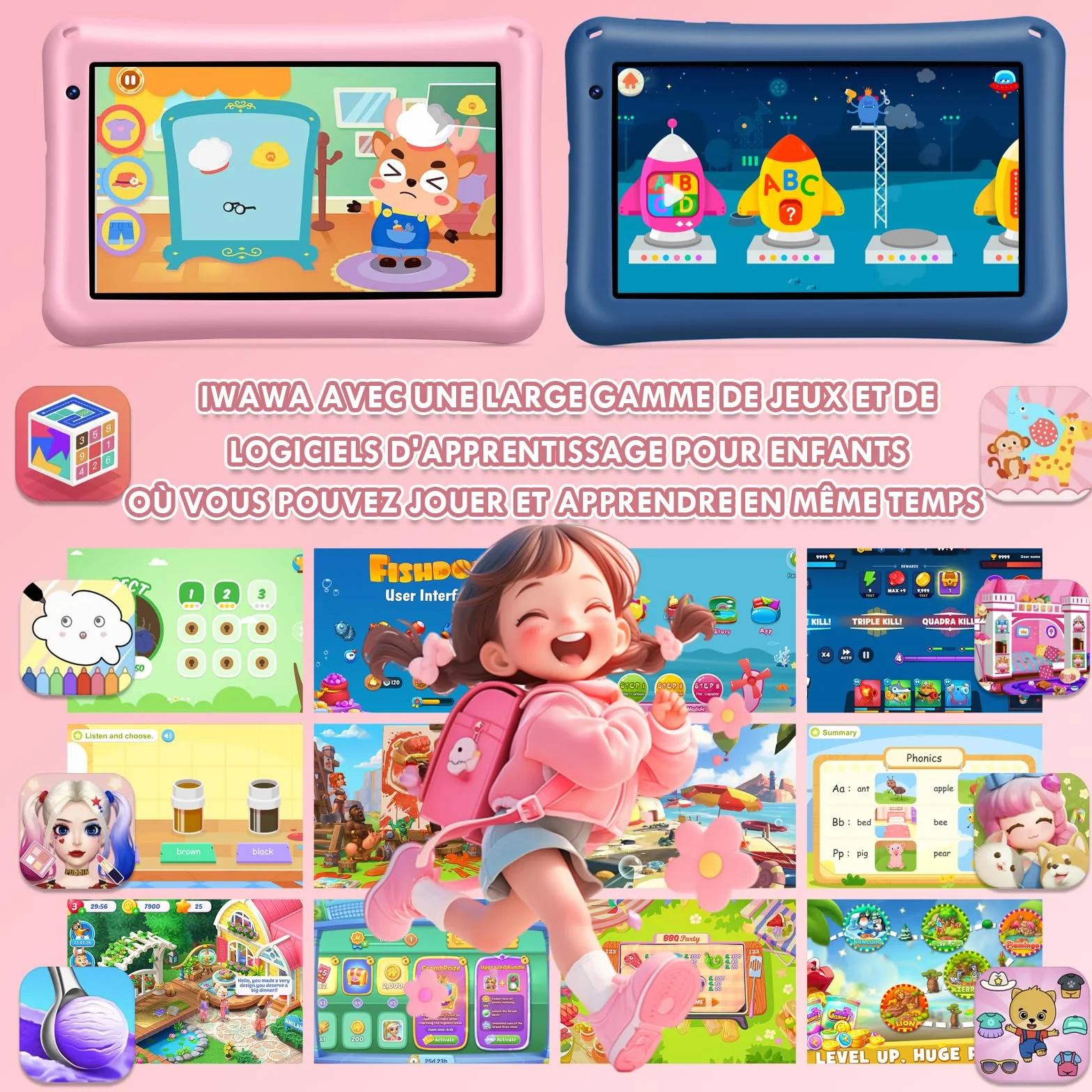 Tablette Enfant 7 Pouces Android 13 8Go RAM 64Go ROM Octa-Core 5800mAh Certifié Google Rose
