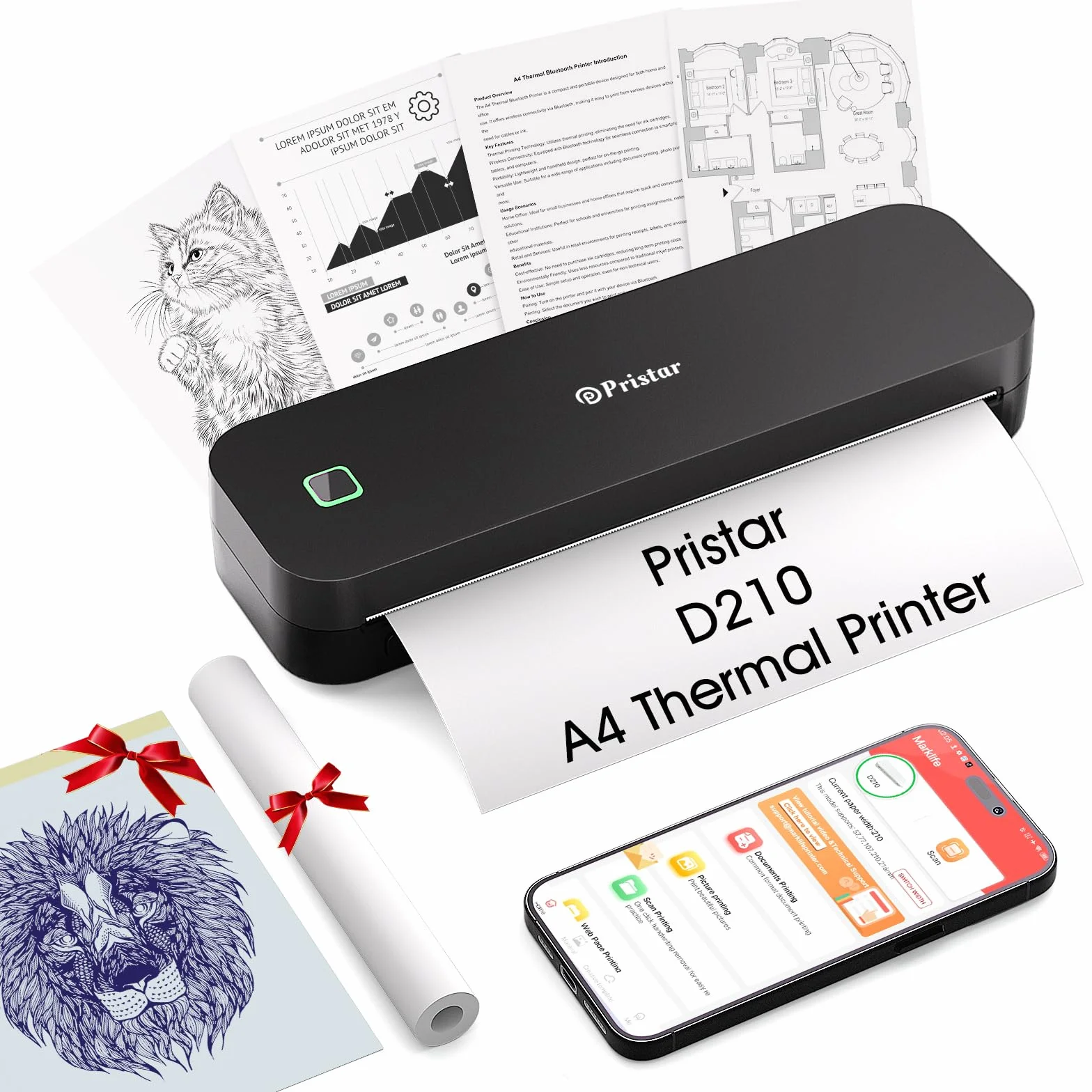 Pristar D210 Imprimante Thermique A4 Portable sans Encre pour Voyages Bureau Maison Noir