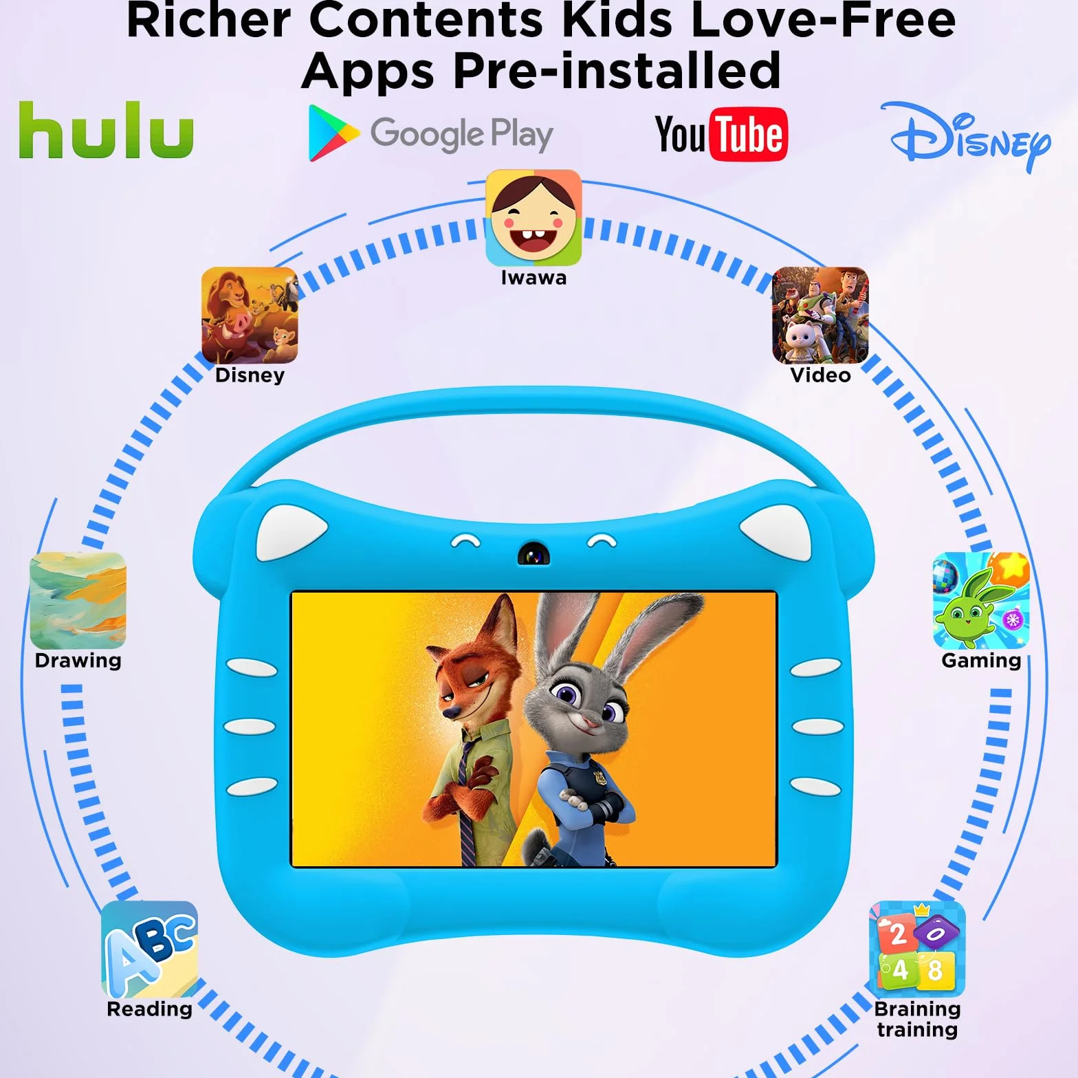 Tablette Éducative Enfant 7 Pouces Android WiFi Contrôle Parental Double Caméra Étui Sécurité 2 Go RAM 32 Go ROM 128 Go Extensible 3-12 Ans Bleu