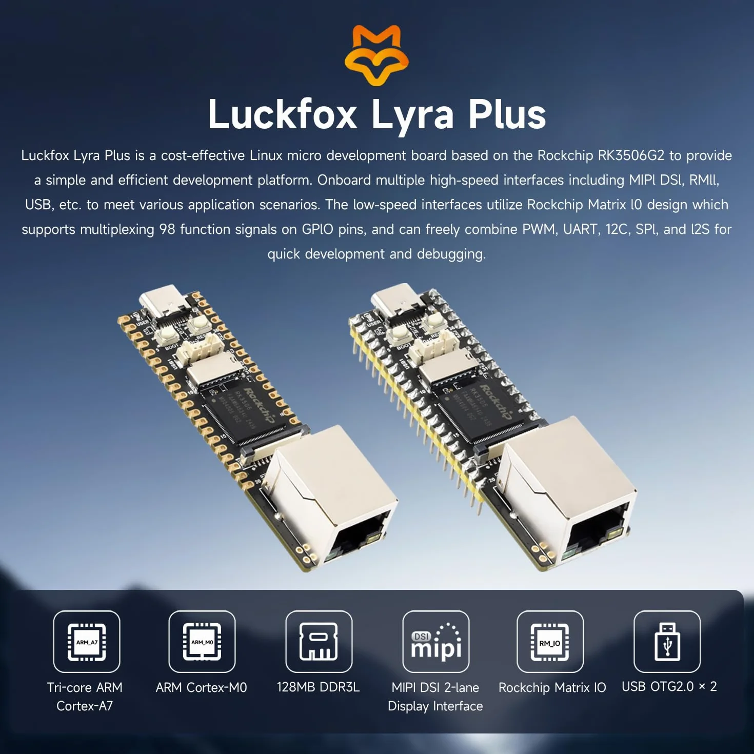 Waveshare Luck-Fox Lyra Plus RK3506G2 Linux Micro Development Board, Tripe-Core Arm Cortex-A7 and Arm Cortex-M0, Ethernet Port