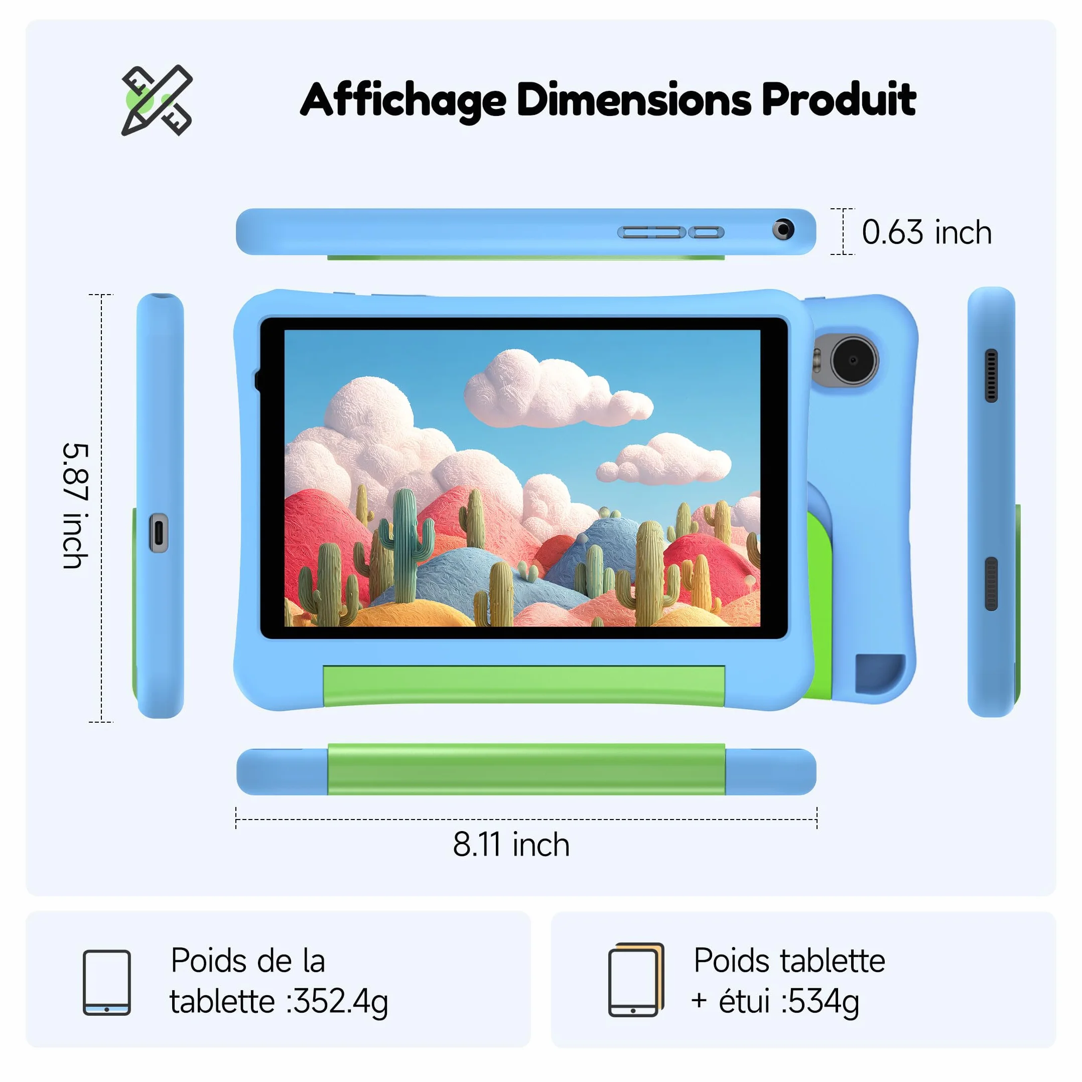 ALLDOCUBE Tablette Enfants 8 Pouces Android 15 Éducative T310 32Go ROM 5000mAh WiFi Coque Antichocs Bleu