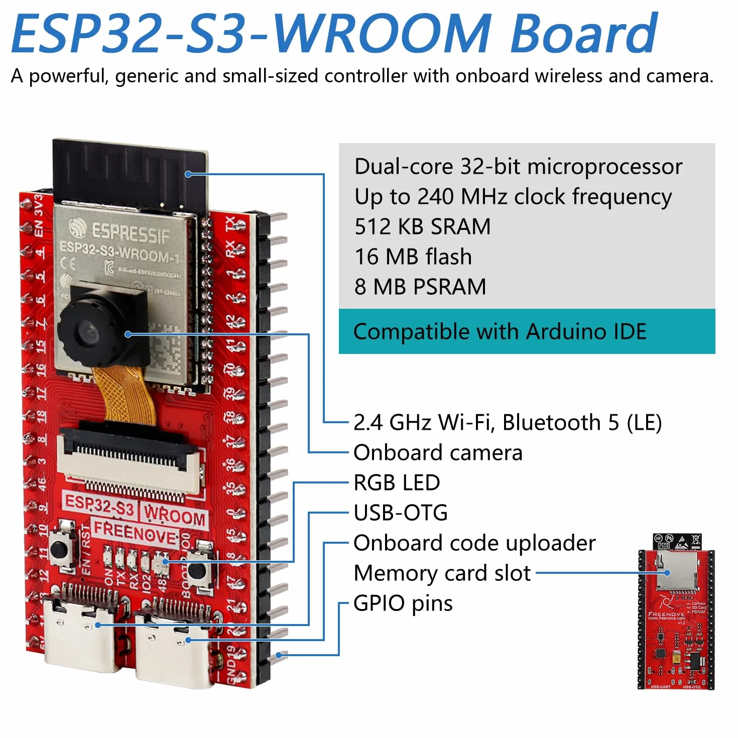 Freenove Media Kit ESP32-S3 CAM 1.14 inch Screen Dual-Core 32-bit 240 MHz Microcontroller Camera Wireless Speaker Microphone