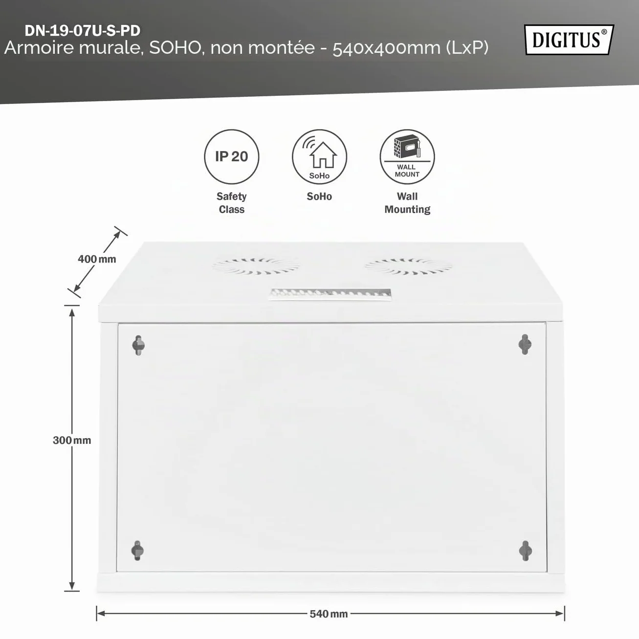 DIGITUS Armoire réseau 19 Pouces 7U Montage Mural 400 mm Profondeur 60 kg Porte perforée