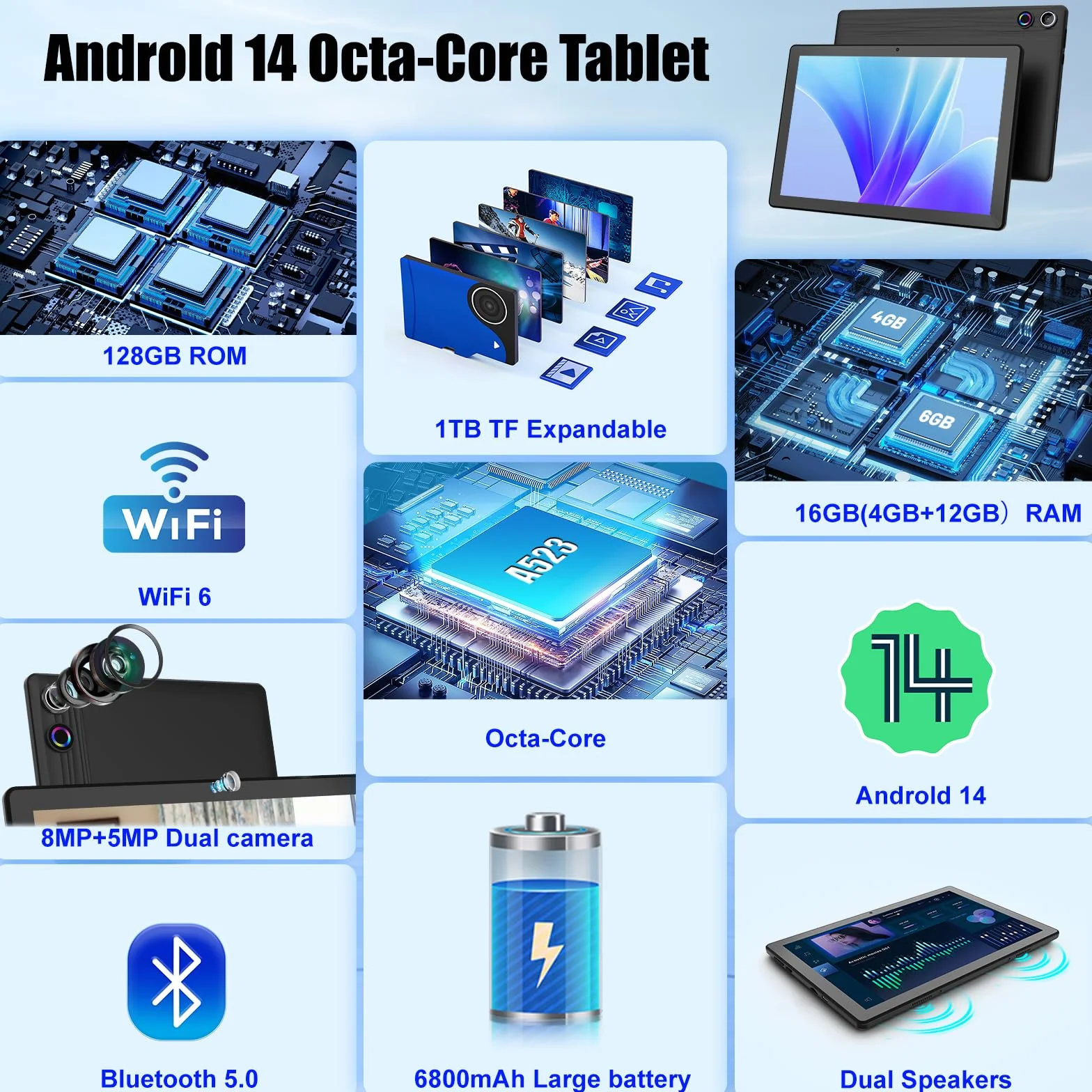 Ainmel Tablette 11 Pouces Android 14 Octa Core 2.0GHz 16GB RAM 128GB ROM 5G+2.4G WiFi 6 8+5MP Camera 6800 mAh Bluetooth 5.0 Noir