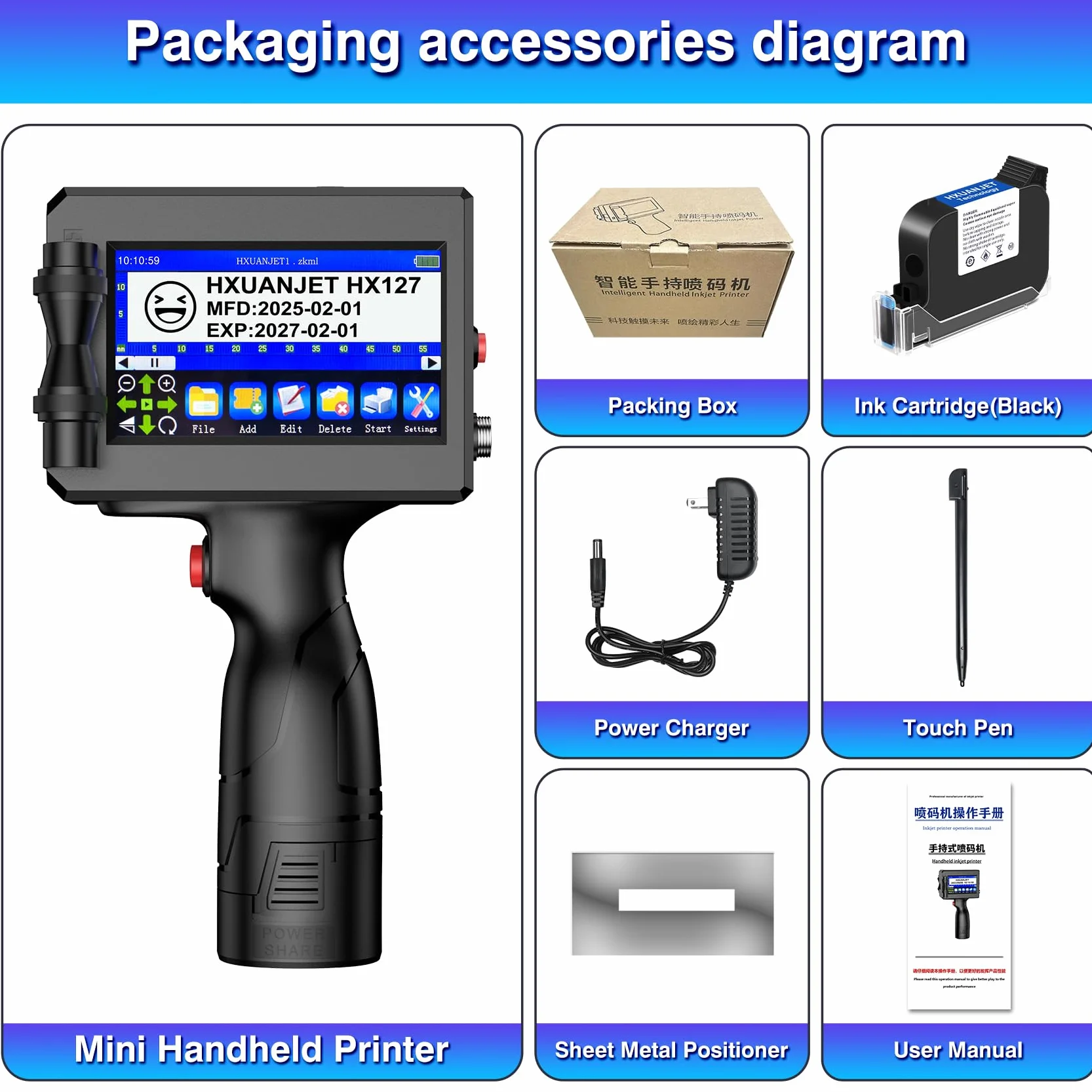 Imprimante à Jet d'encre Portable HX127 pour Code QR, Code-Barres, Date, Logo, Texte