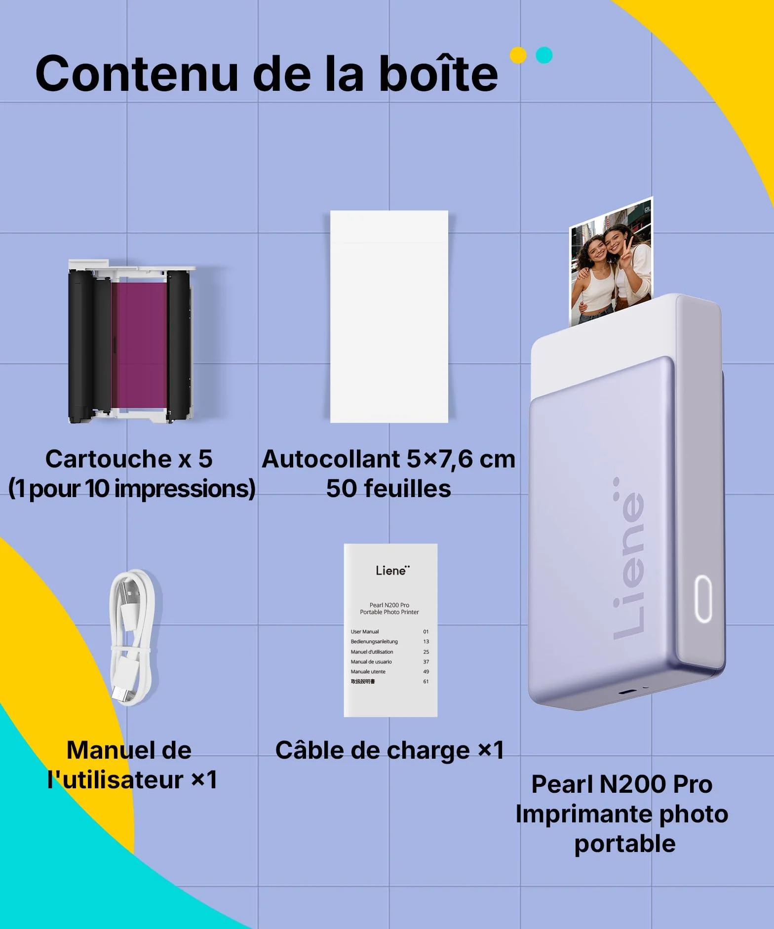 Liene Pearl N200 Pro Kit de Recharge Original Sublimation Thermique pour DMP130, 50 Papiers Photo Adhésifs 5x7.6 cm, 5 Rubans, Violet