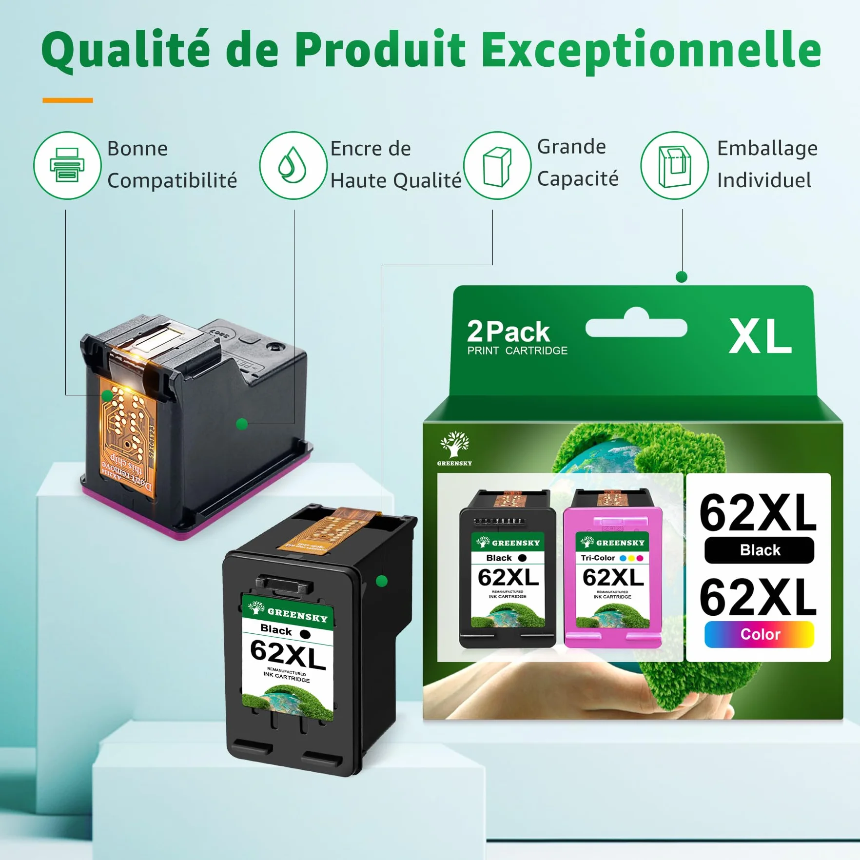 Cartouche d'encre GREENSKY 62XL Remanufacturé Compatible HP Envy 5640 OfficeJet 200 250 Noir Couleur