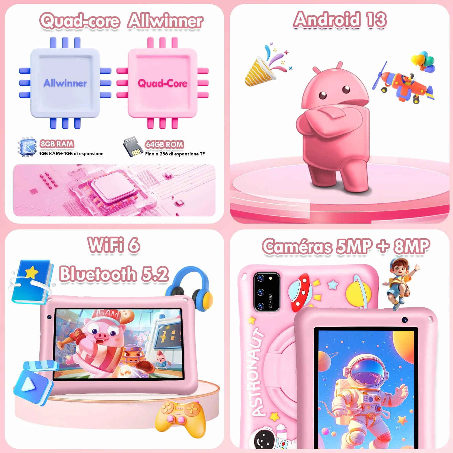 Tablette Enfant 7 Pouces Android 13 8Go RAM 64Go ROM Octa-Core 5800mAh Certifié Google Rose