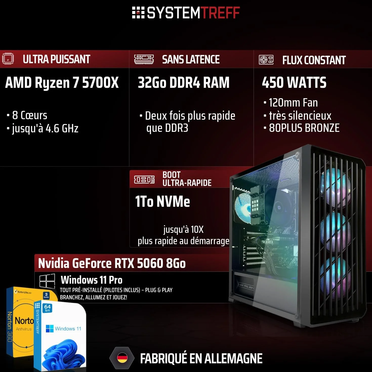 PC Gamer AMD Ryzen 7 5700X 8x4.6GHz Nvidia RTX 5060 8Go 1To M.2 NVMe 32Go DDR4 RAM Windows 11 Ordinateur de Bureau WLAN