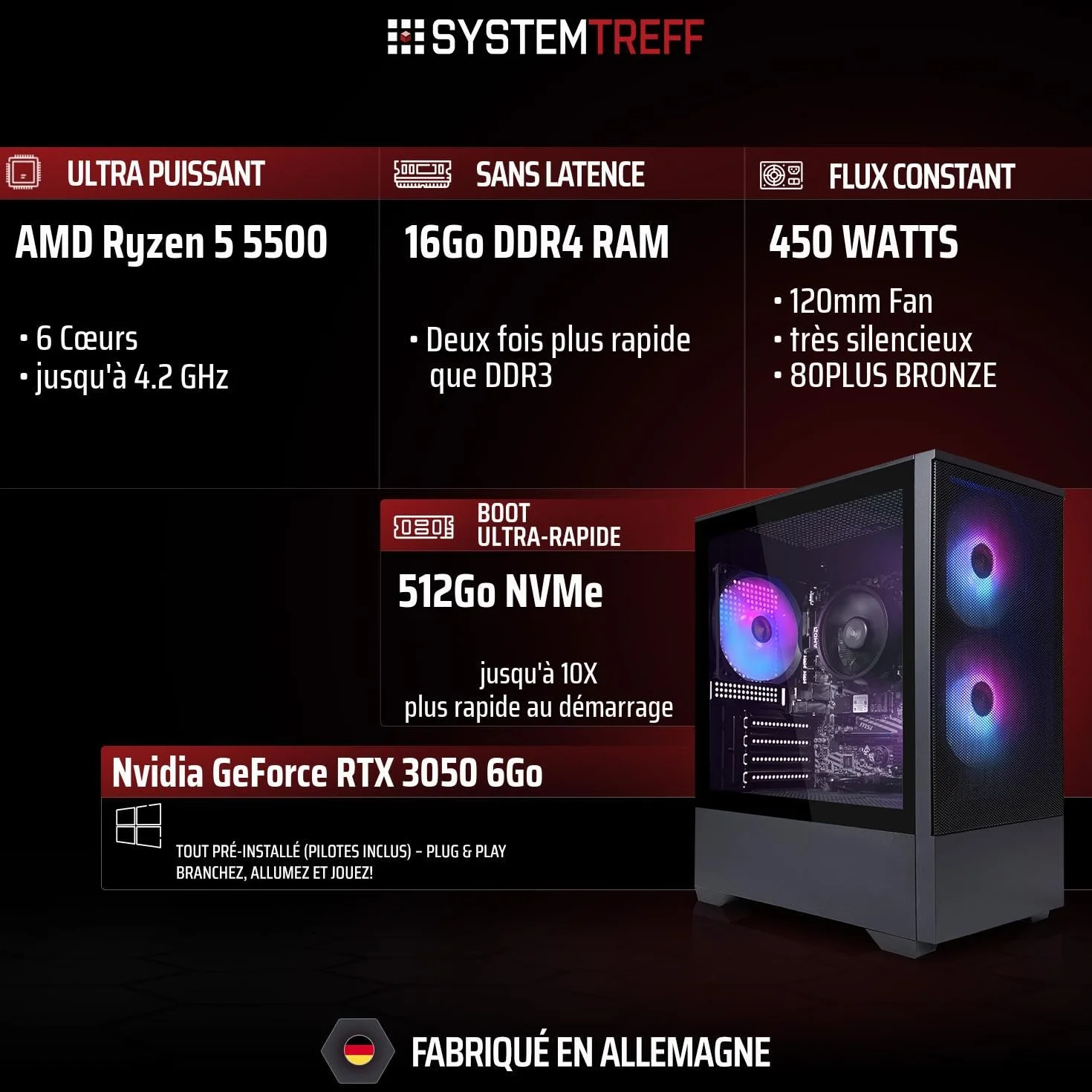 PC Gamer AMD Ryzen 5 5500 Nvidia RTX 3050 6Go 512Go M.2 NVMe 16Go DDR4 RAM Ordinateur de Bureau WLAN
