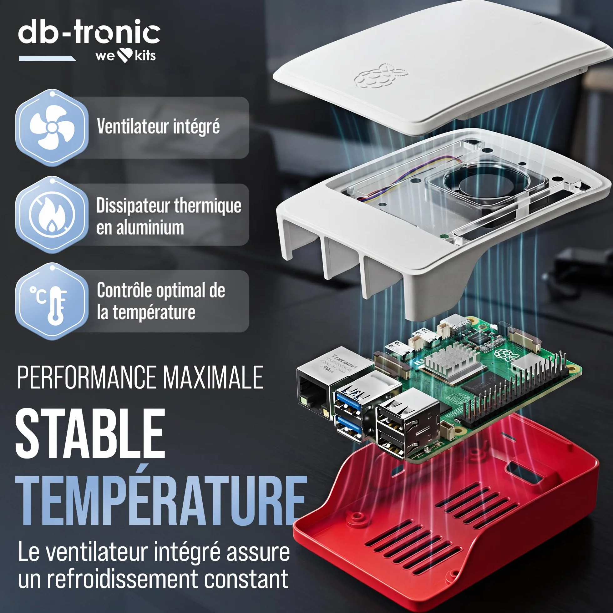 Raspberry Pi 5 1 Go Starter Kit Édition 64 Go Alimentation 27 W Boîtier Ventilateur Micro HDMI 4K Dissipateur alu