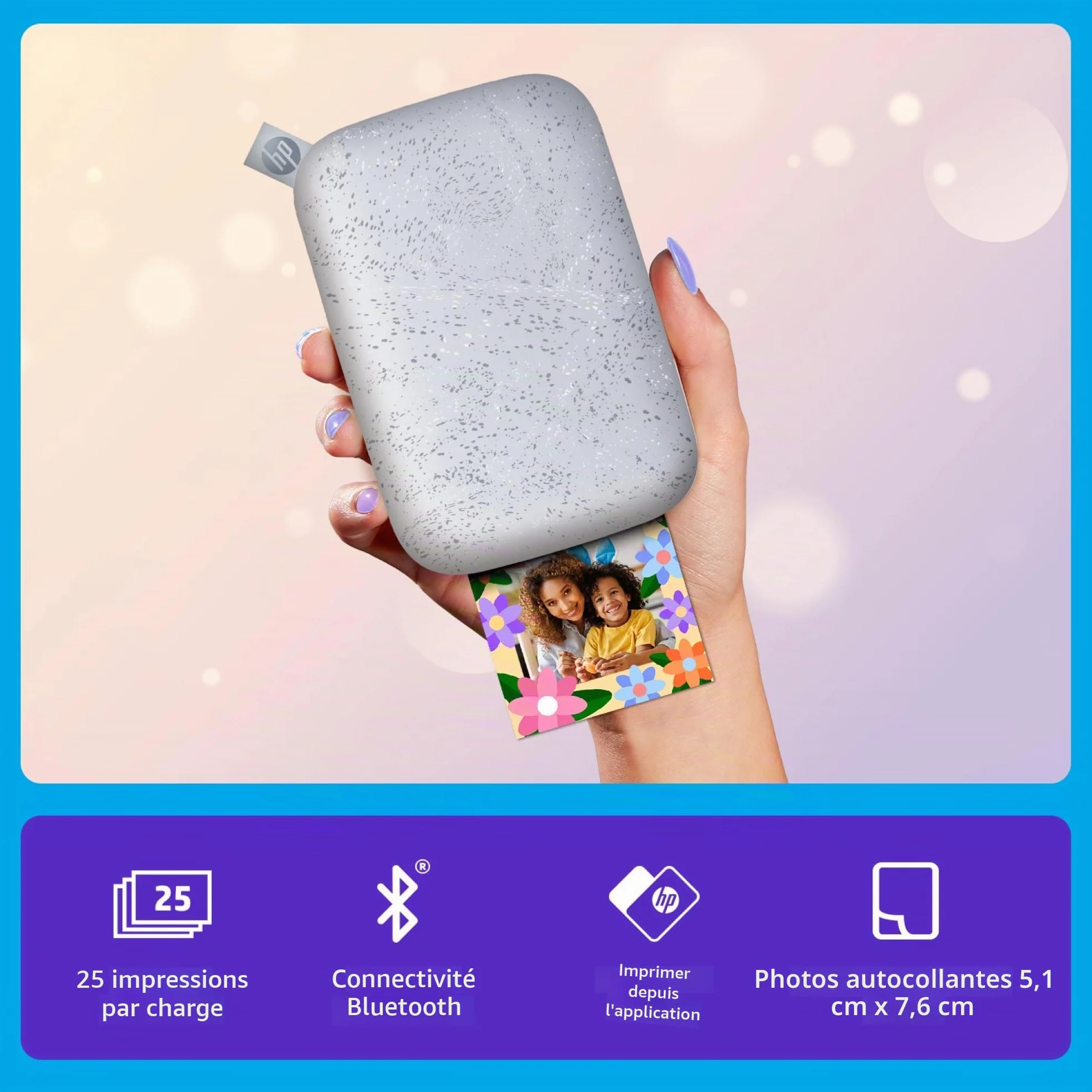 HP Sprocket Imprimante Photo Instantanée Portable sans Fil Papier Zink Autocollant 2x3 po (5,1x7,5 cm) Compatible iOS Android Bluetooth Blanc