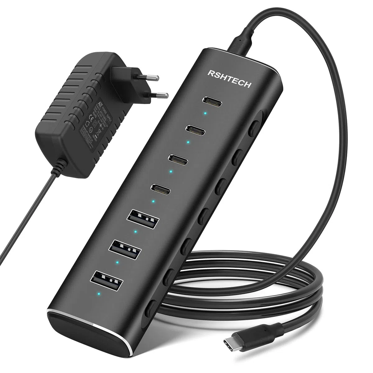 RSHTECH 36W USB C Hub Alimenté 7 Ports (4C+3A) Aluminium USB-C 3.2 10Gbps avec Adaptateur Secteur 12V/3A
