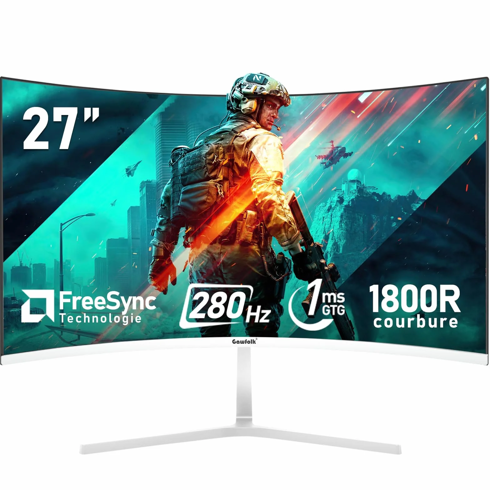 Gawfolk Écran PC 27 Pouces incurvé 280Hz Gaming Moniteur, 1800R, 1ms, FHD 1080p, HDMI, DisplayPort, 100x100mm Blanc