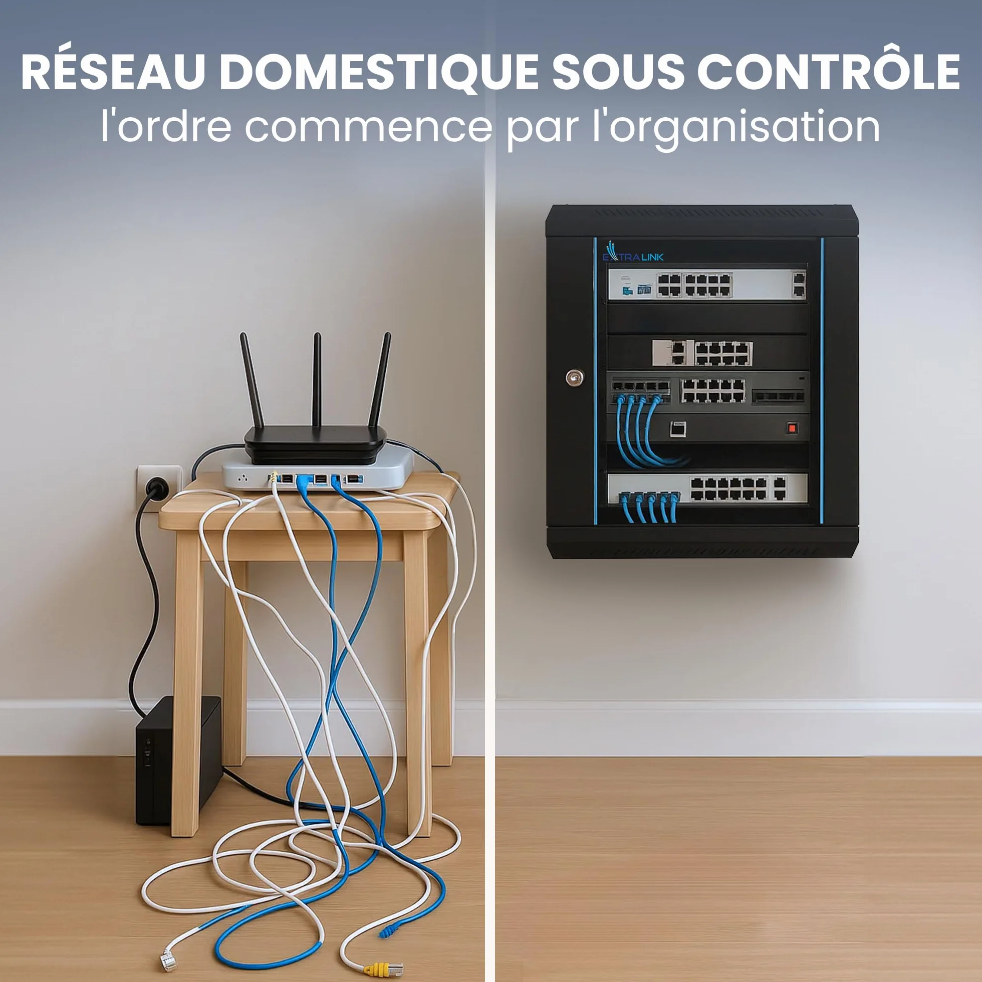 Extralink Baie de Brassage 19 Pouces 6U Armoire réseau 450mm Profondeur Montage Mural ou au Sol, Charge 60kg, Porte Verre trempé, Noir