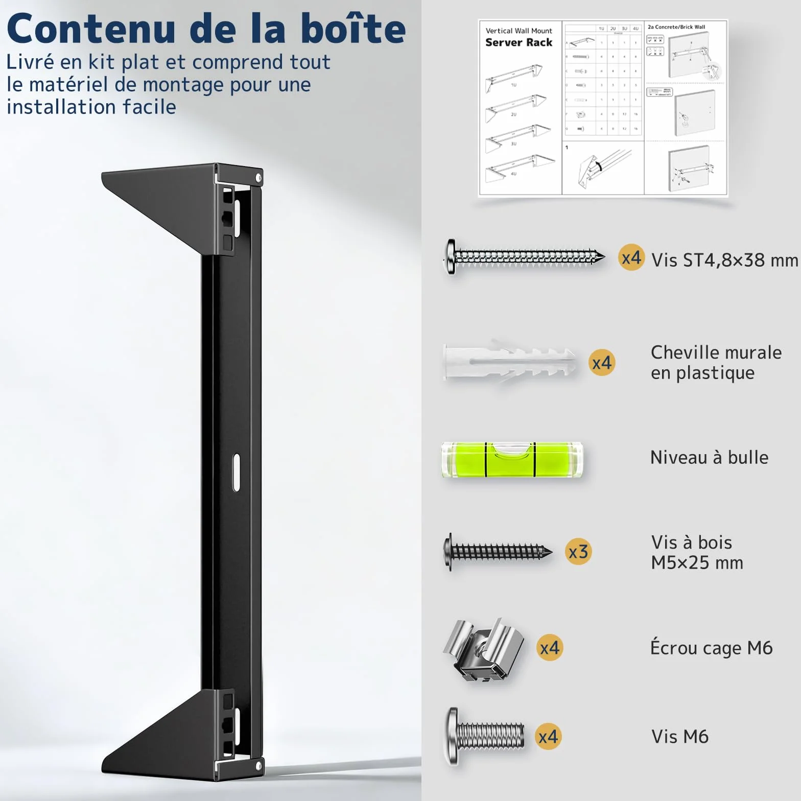 Support Rack Mural 1U 19 Pouces Acier pour Serveur Switch Réseau Panneau de Brassage Charge 55 kg Kit Montage Inclus